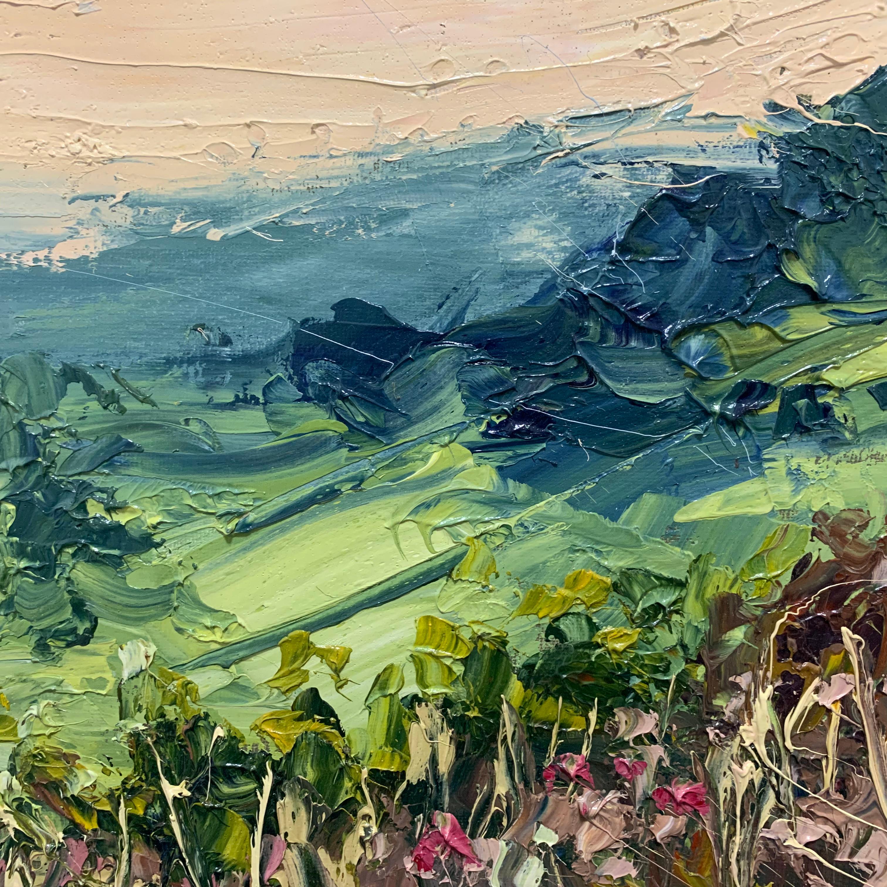 Northern Moorland Impasto Oil Painting by British Landscape Artist, Colin Halliday. This impressionistic and expressive painting conveys a beautiful spring day in England, with wild flowers and long grass in the foreground. Painted en plein