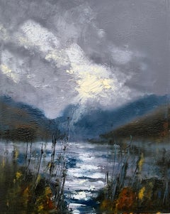 Peinture à l'huile d'un artiste britannique représentant un paysage de lac en buttermere au cours d'une tempête qui se déchaîne