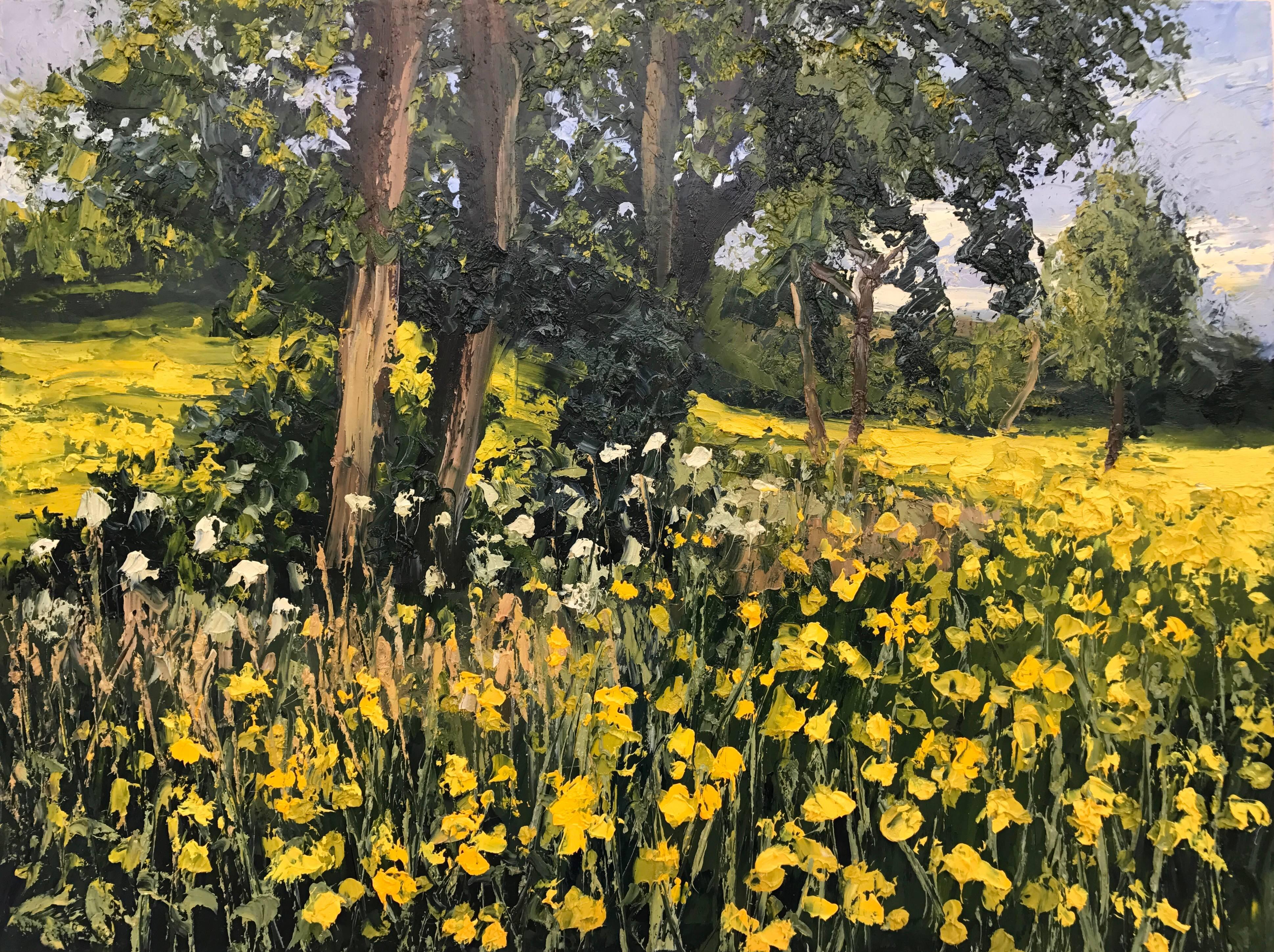Rapeseed Field Impasto Landscape Oil Painting by British En Plein Air Artist - Brown Figurative Painting by Colin Halliday