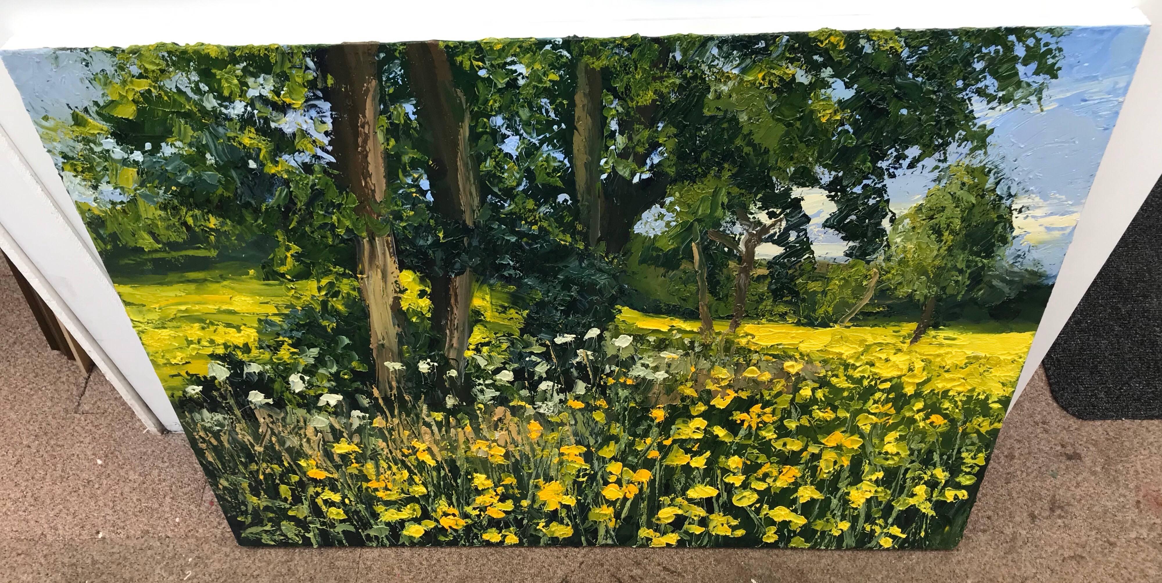 Rapeseed Field was painted en plein air, and is a highly textured impasto landscape painting on a deep edge canvas. The vibrant yellows are balanced beautifully against the greens and blues normally associated with the British landscape.

Colin