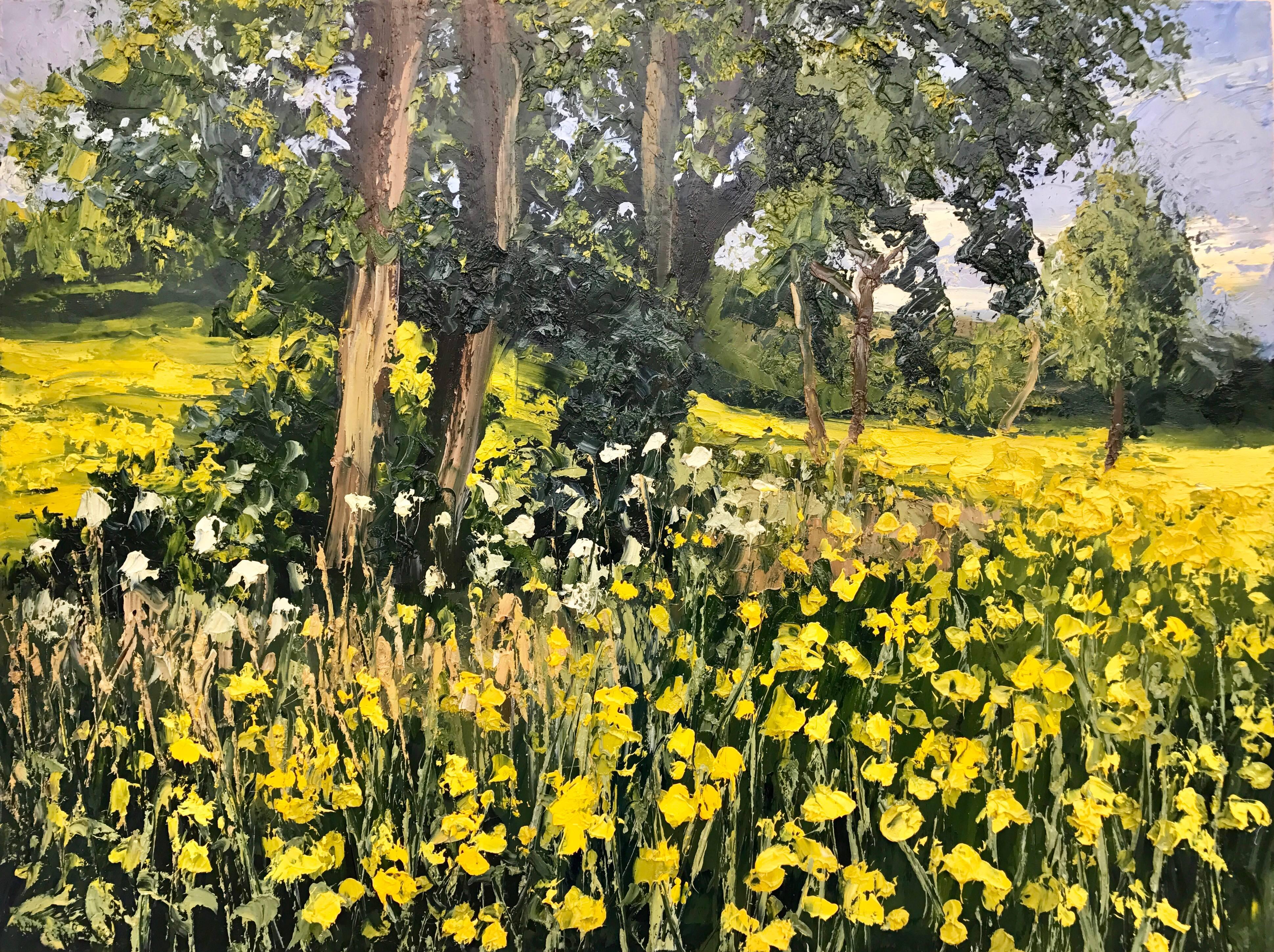 Colin Halliday Figurative Painting - Rapeseed Field Impasto Landscape Oil Painting by British En Plein Air Artist