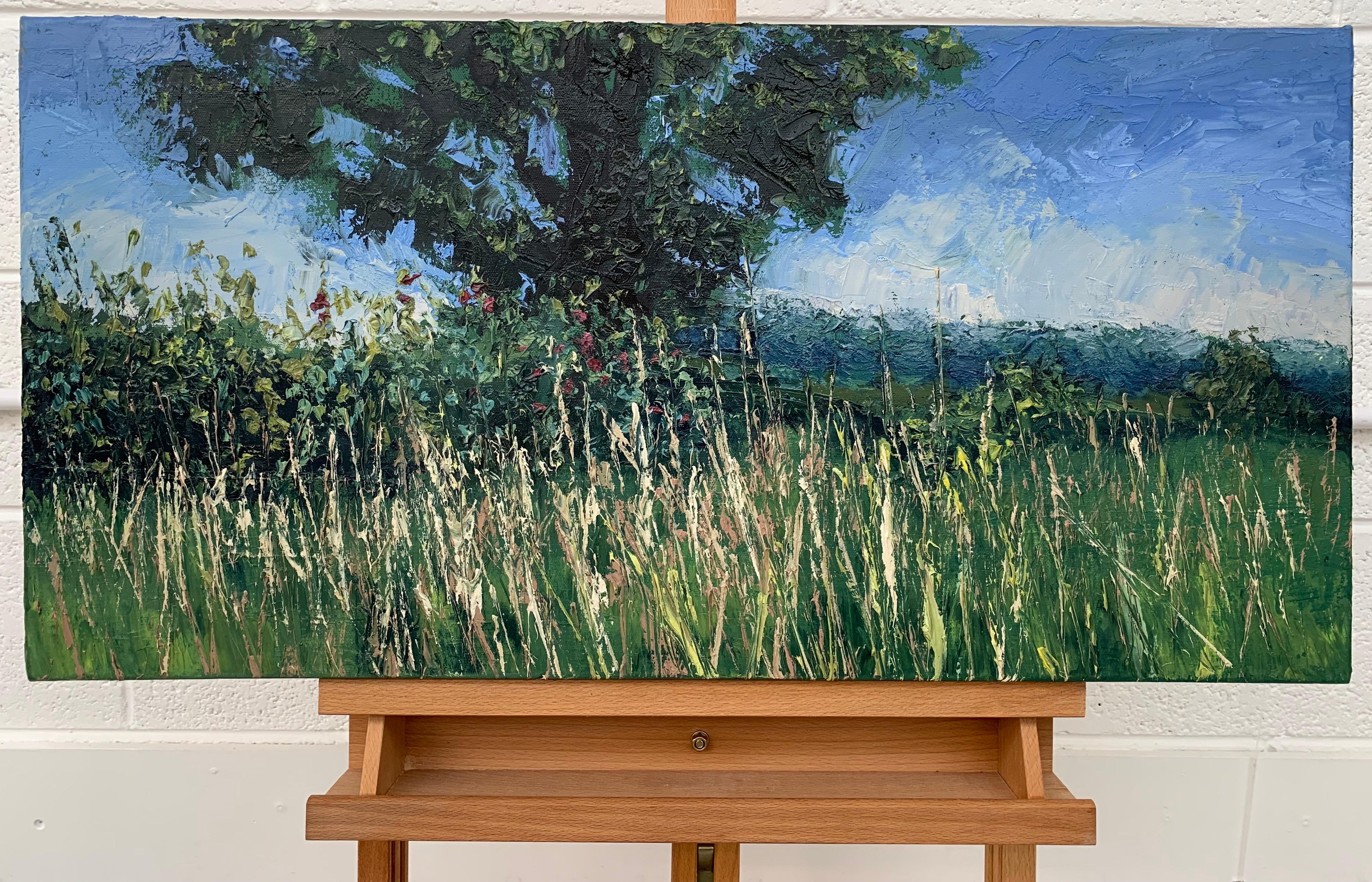 Sommer-Meadow-Landschaft Impasto-Ölgemälde mit Baum, Impasto-Gemälde des britischen Künstlers – Painting von Colin Halliday