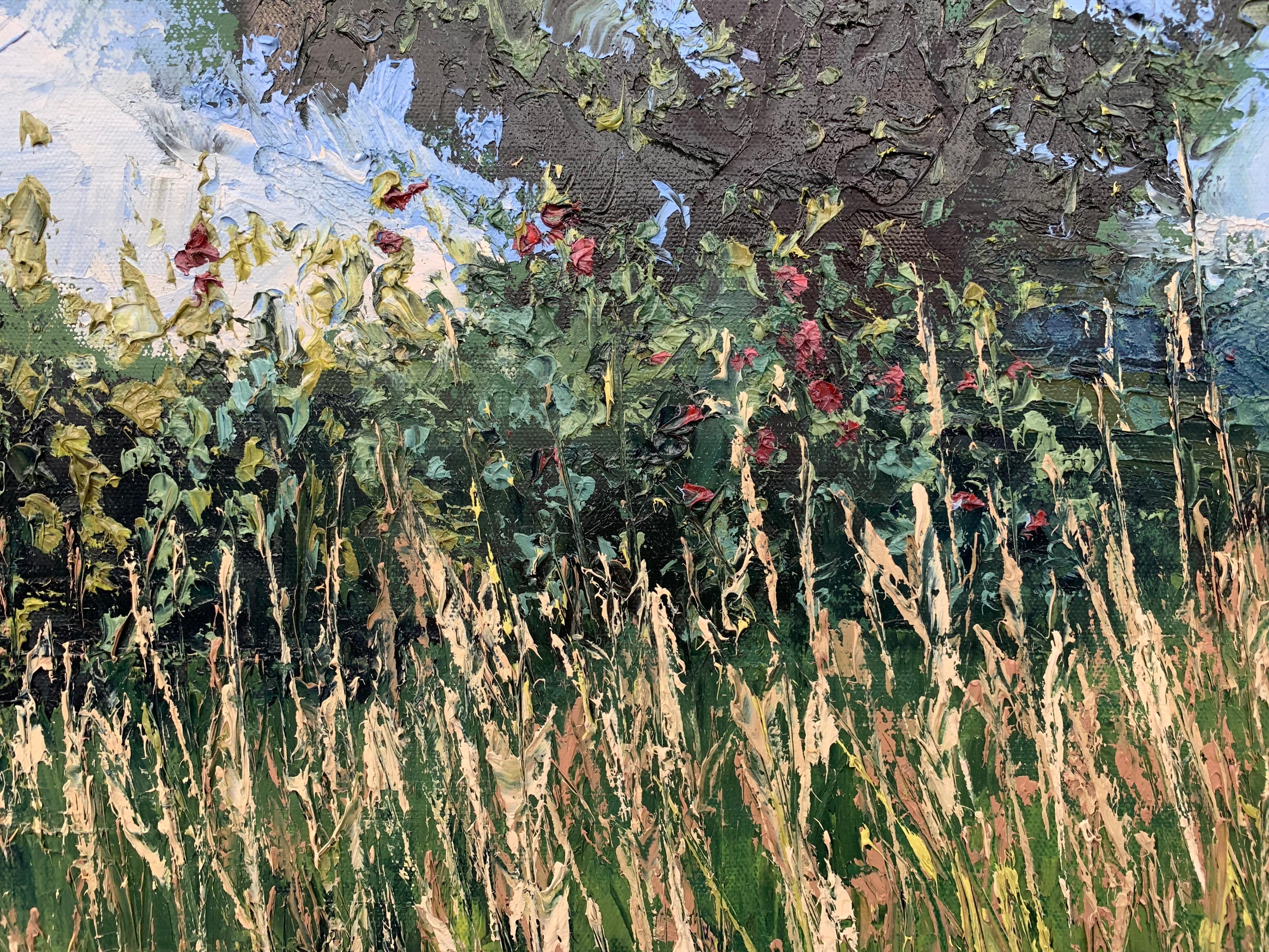 Summer Meadow Landscape Impasto Oil Painting with Tree by British Artist - Gray Figurative Painting by Colin Halliday