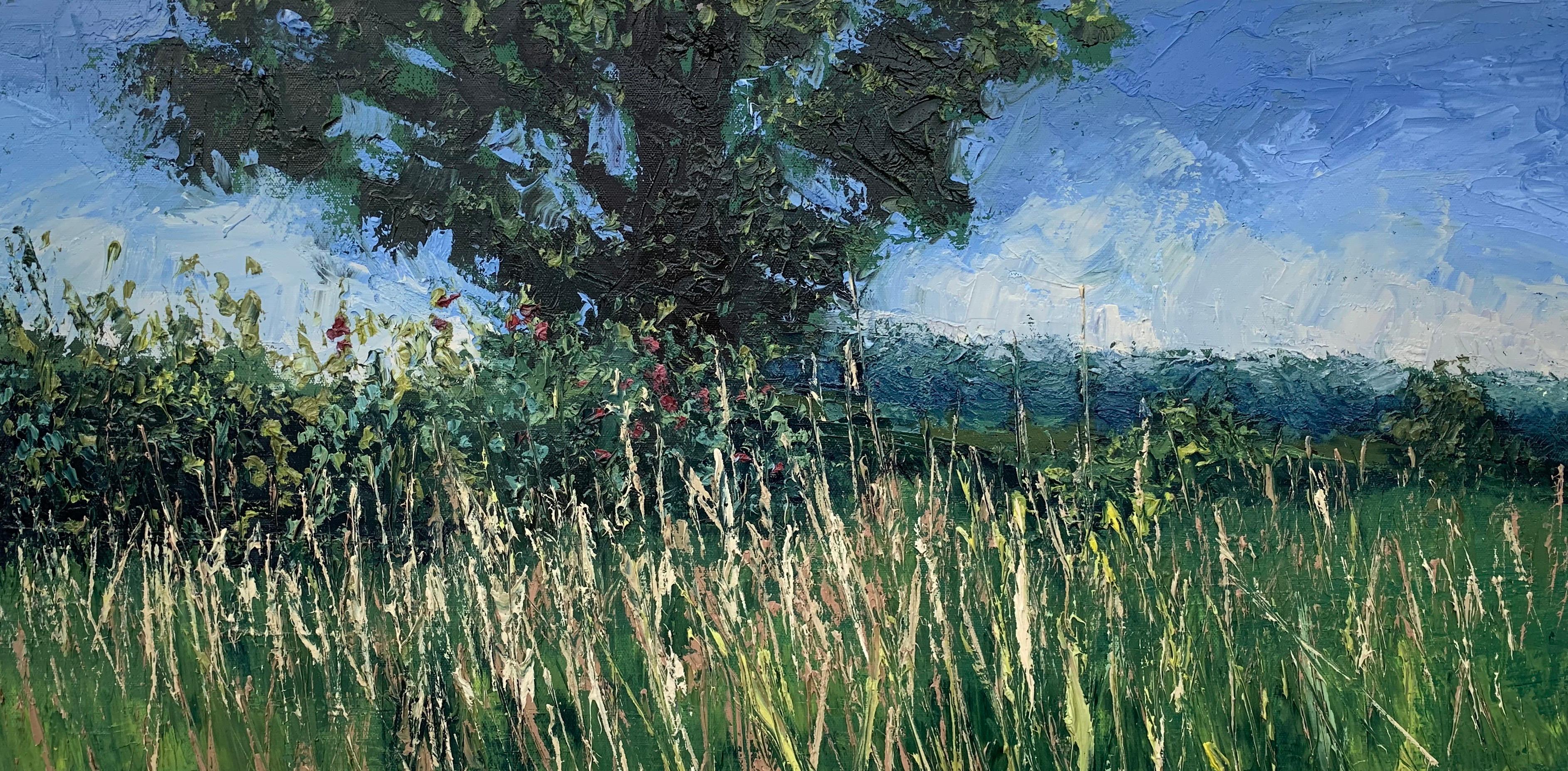 Paisaje de pradera estival Pintura al óleo Impasto con árbol por artista británico