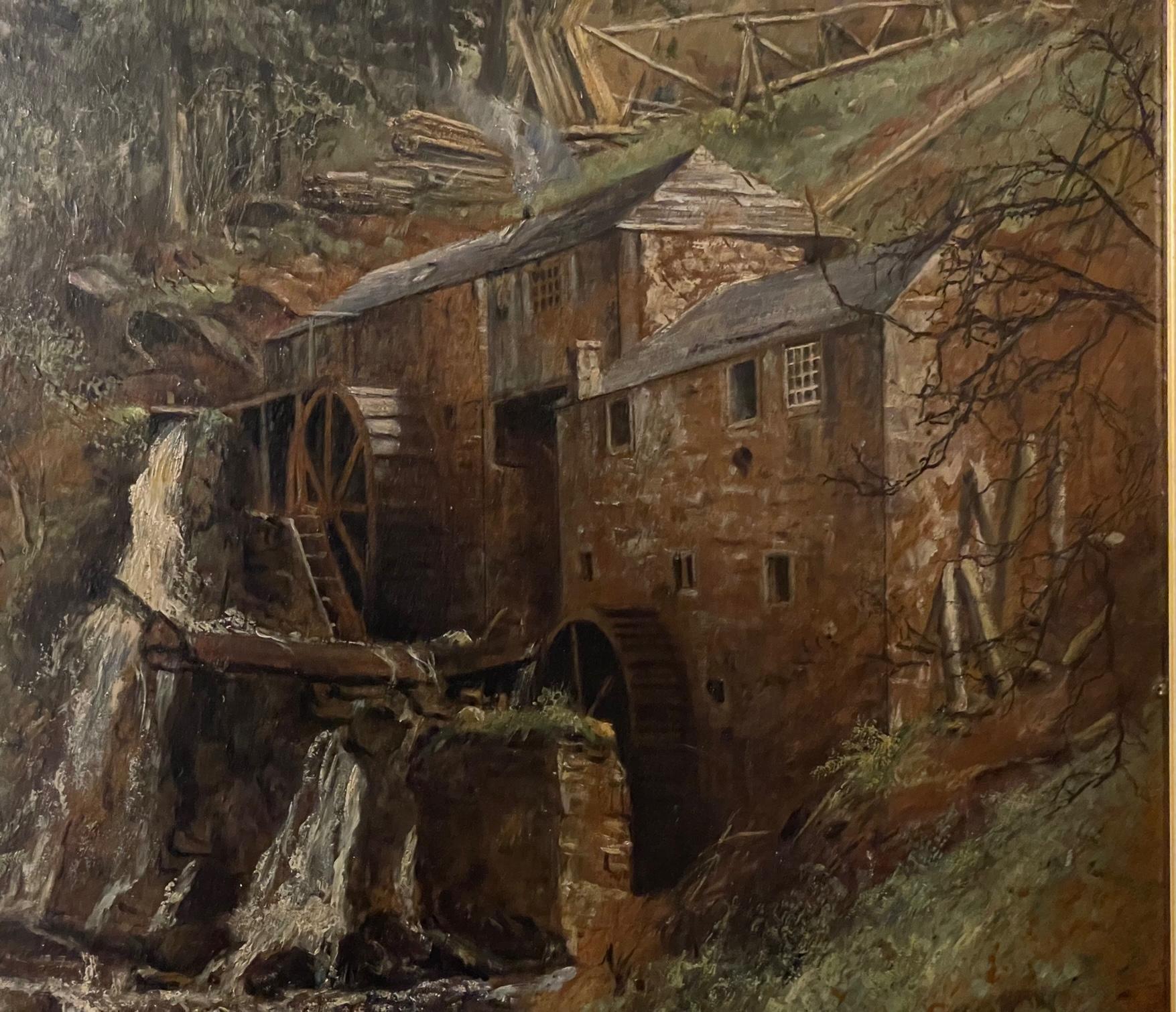 The Old Mill is a 19th century oil painting on board by Scottish artist Colin Hunter, (1841-1904). Hunter was a member of the Royal Academy with the title ARA on the nameplate of this work. Born in Glasgow, Hunter lived by the Clyde River where he