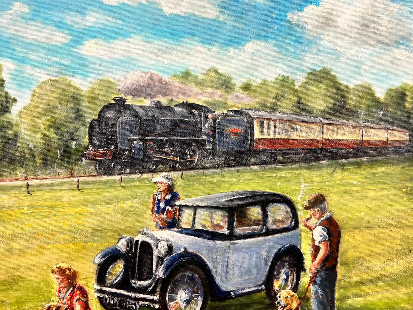 Traditional English Nostalgic Oil Painting Vintage Cars Old Train Family Picnic 1