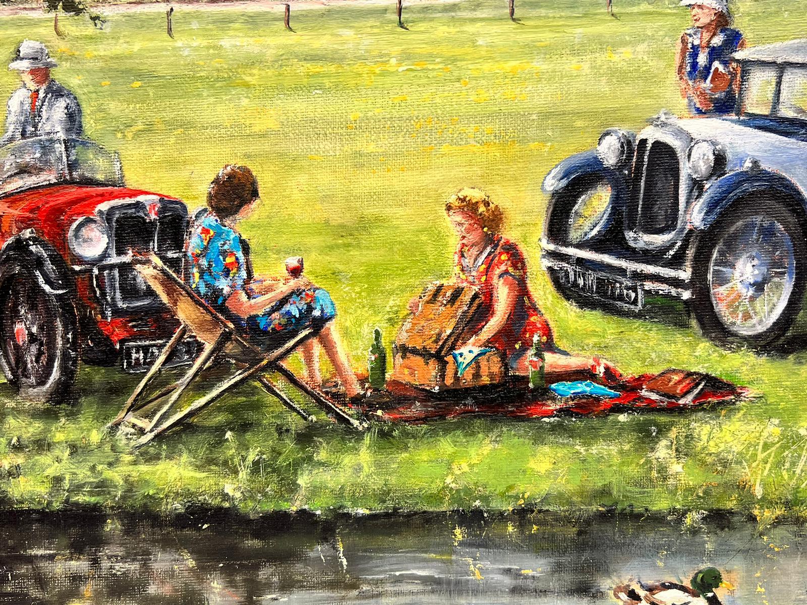 Traditional English Nostalgic Oil Painting Vintage Cars Old Train Family Picnic 2
