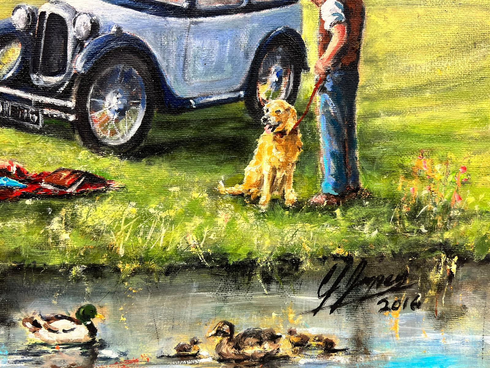 Traditional English Nostalgic Oil Painting Vintage Cars Old Train Family Picnic 3