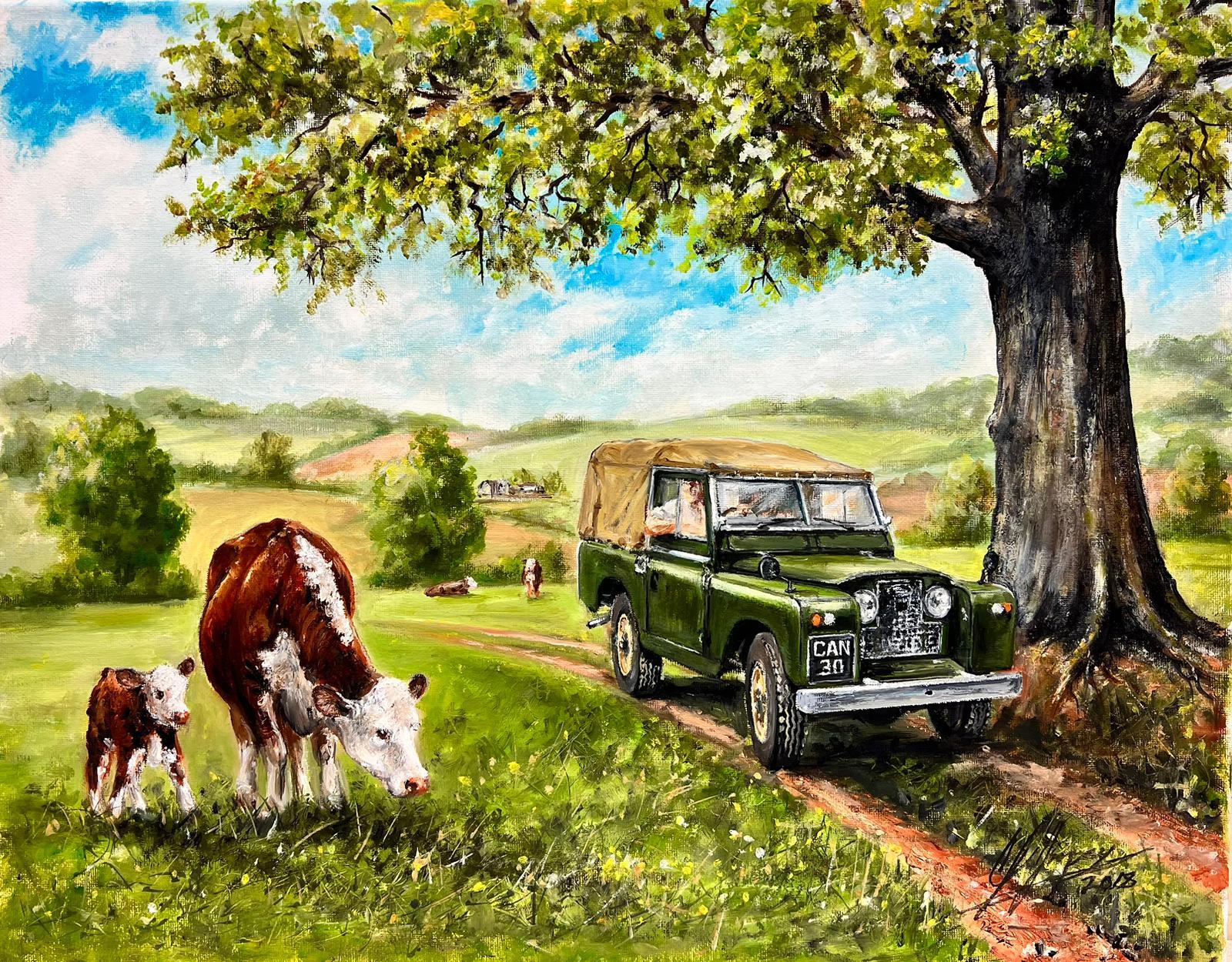 Colin Impey Landscape Painting - Traditional Rural English Oil Painting 1950's Land Rover Farm Landscape & Cows