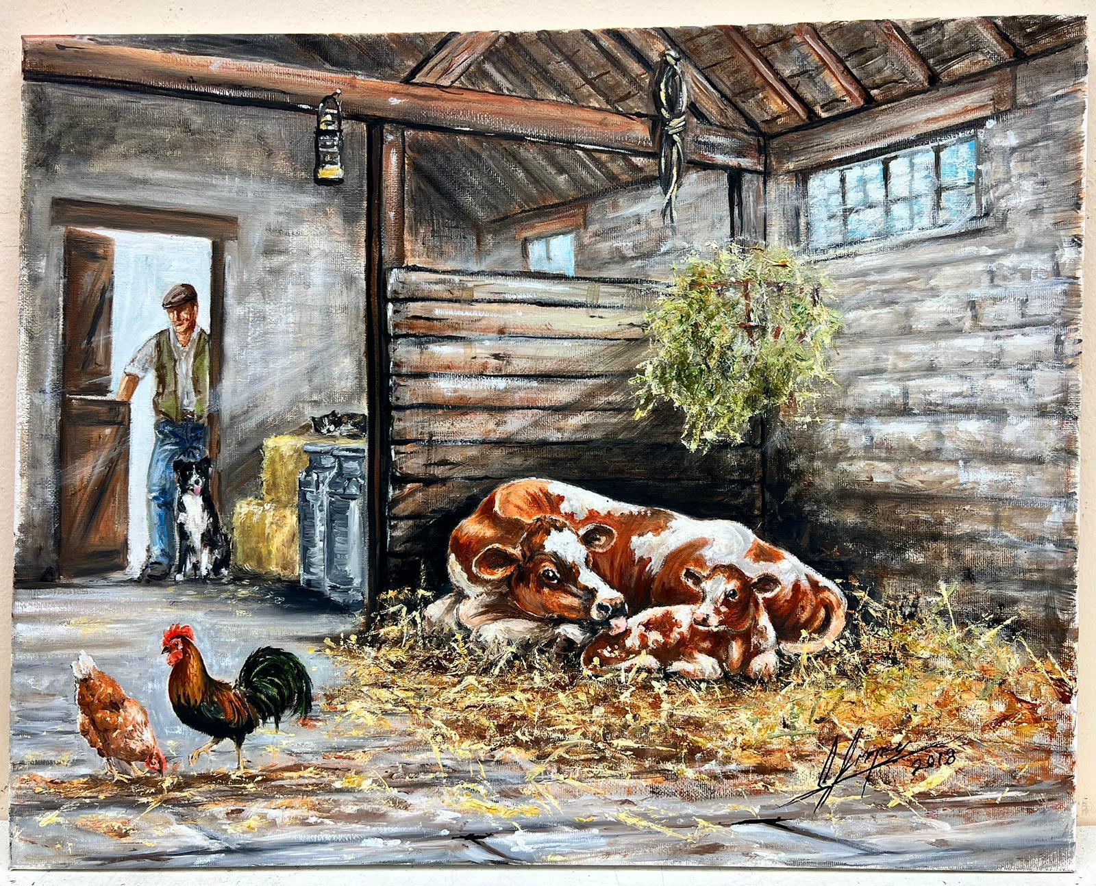 Traditional Rural English Signed Oil Cow with Baby Calf Chickens & Farmer & Dog - Painting by Colin Impey