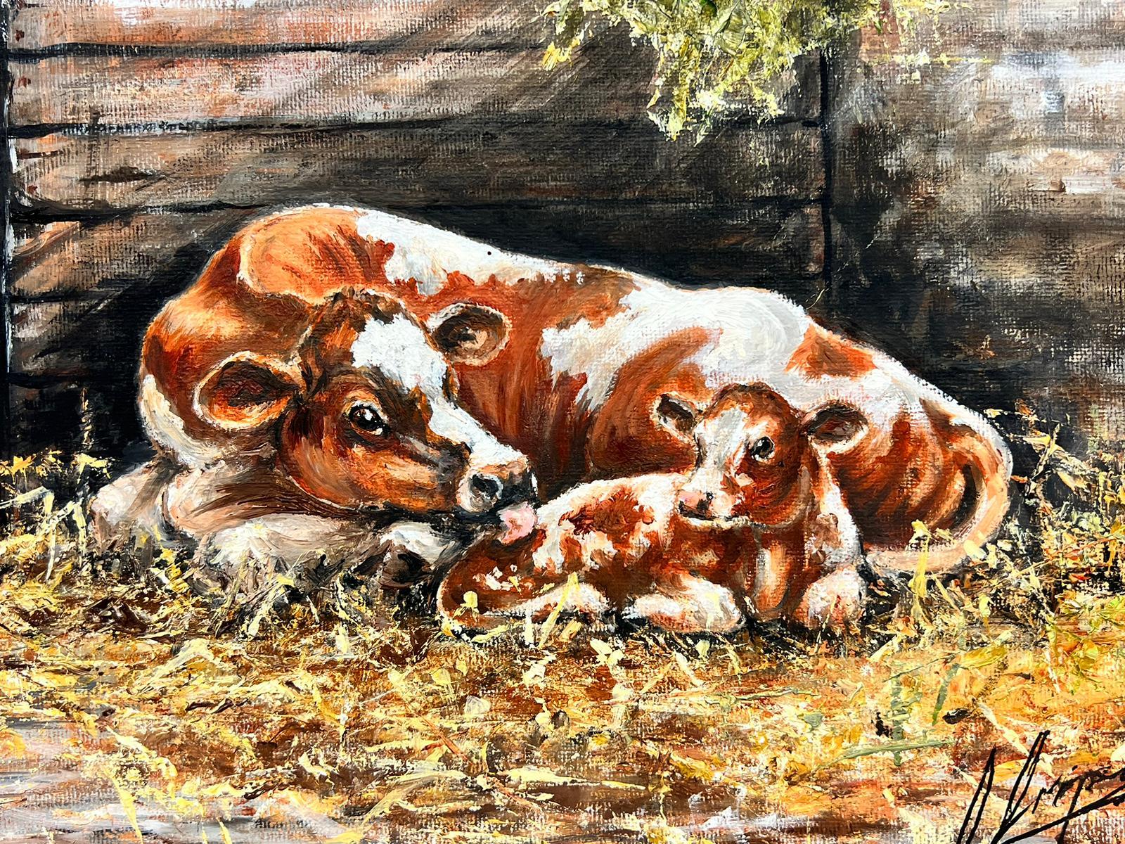 Traditional Rural English Signed Oil Cow with Baby Calf Chickens & Farmer & Dog - Victorian Painting by Colin Impey