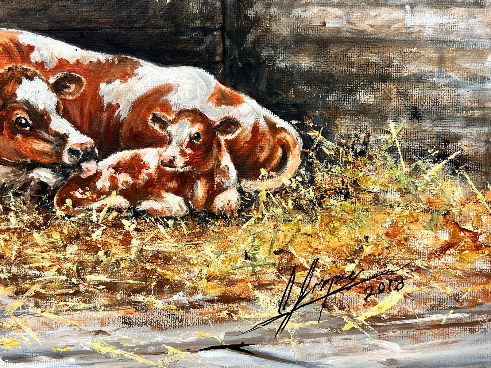 Traditional Rural English Signed Oil Cow with Baby Calf Chickens & Farmer & Dog - Gray Animal Painting by Colin Impey