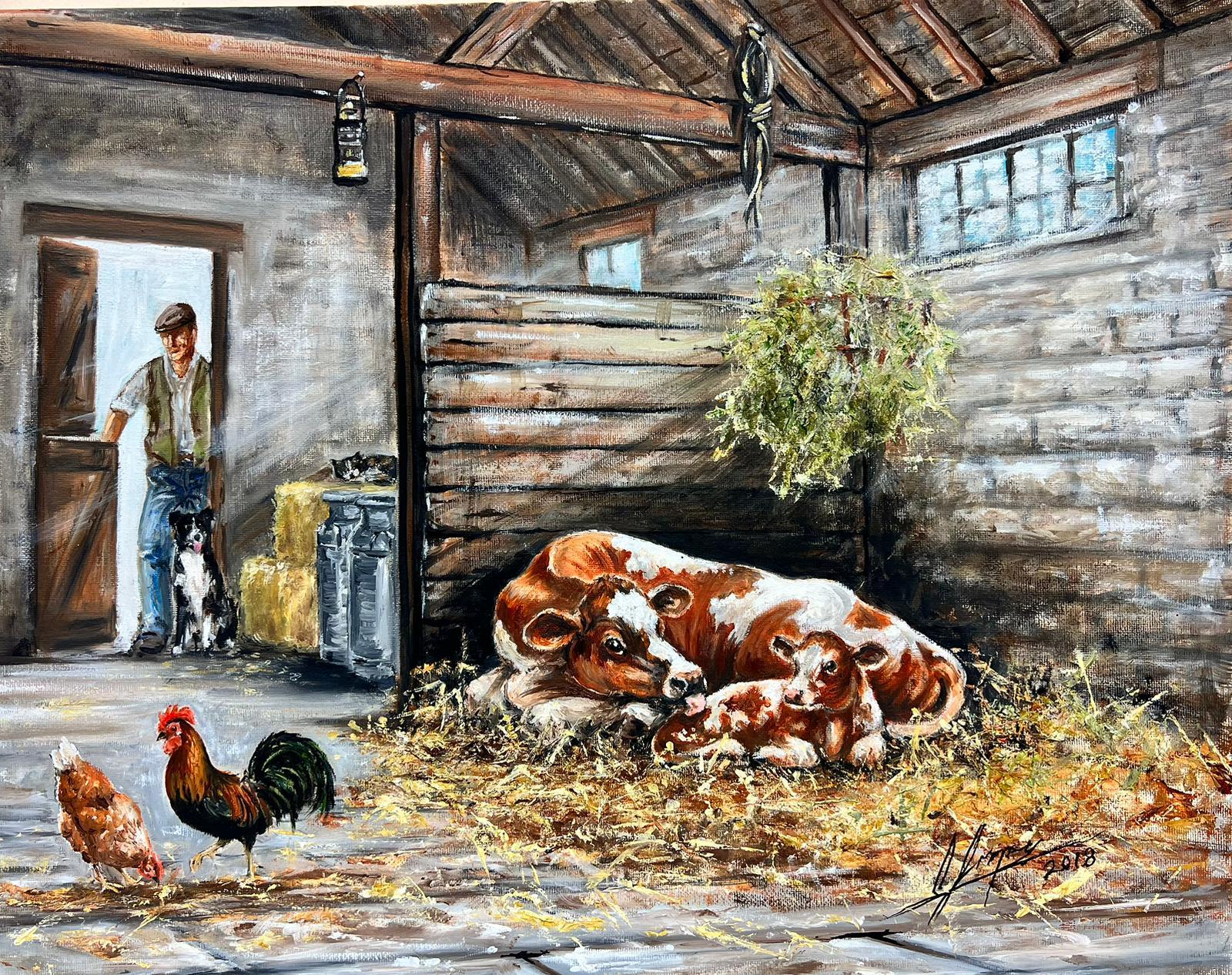 Colin Impey Animal Painting - Traditional Rural English Signed Oil Cow with Baby Calf Chickens & Farmer & Dog