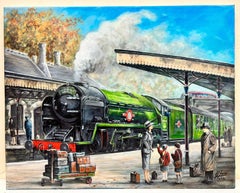 Vintage Nostalgic English Oil Painting Family at Steam Engine Train Station