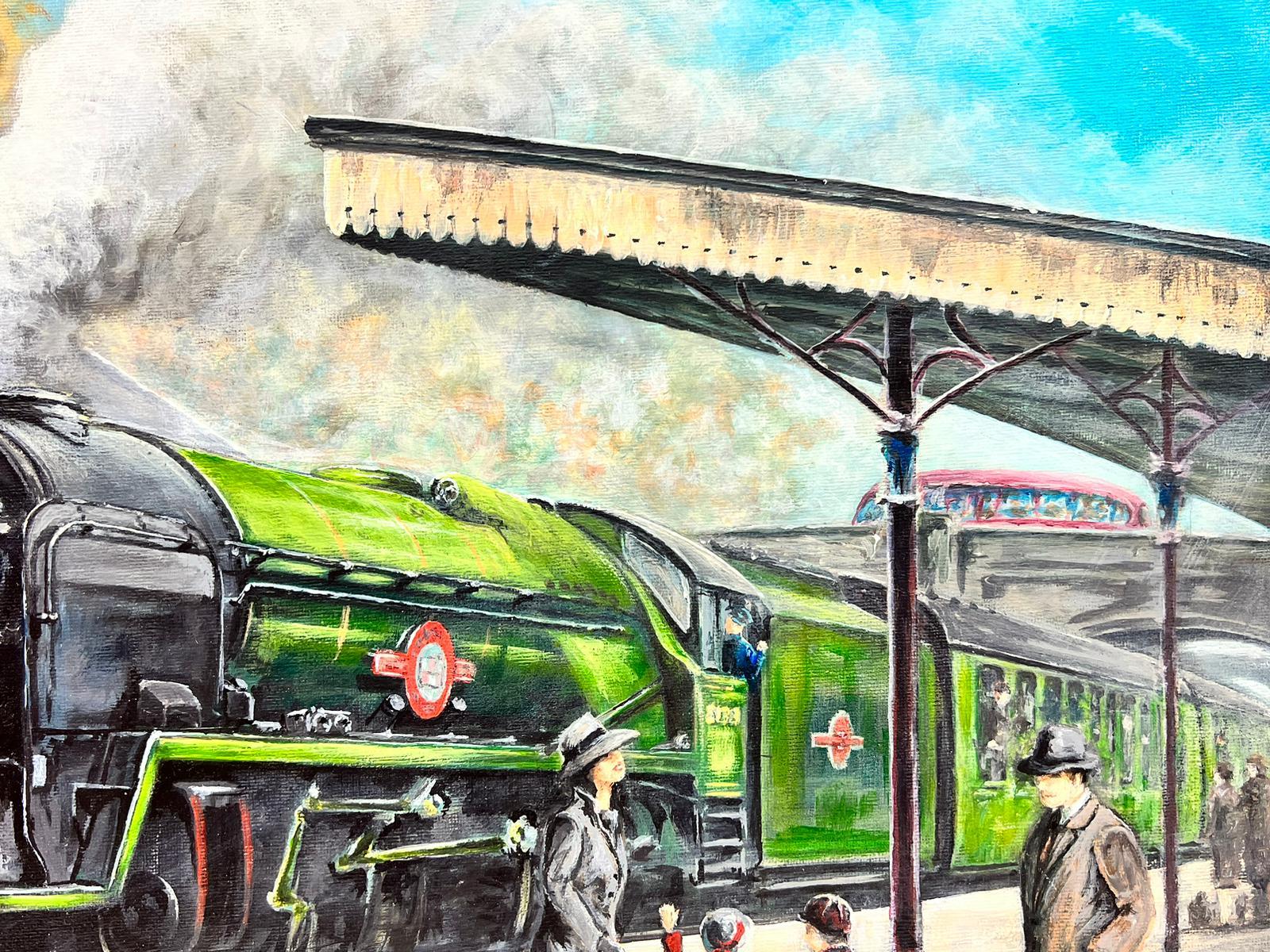 Vintage Nostalgic English Oil Painting Family at Steam Engine Train Station For Sale 1