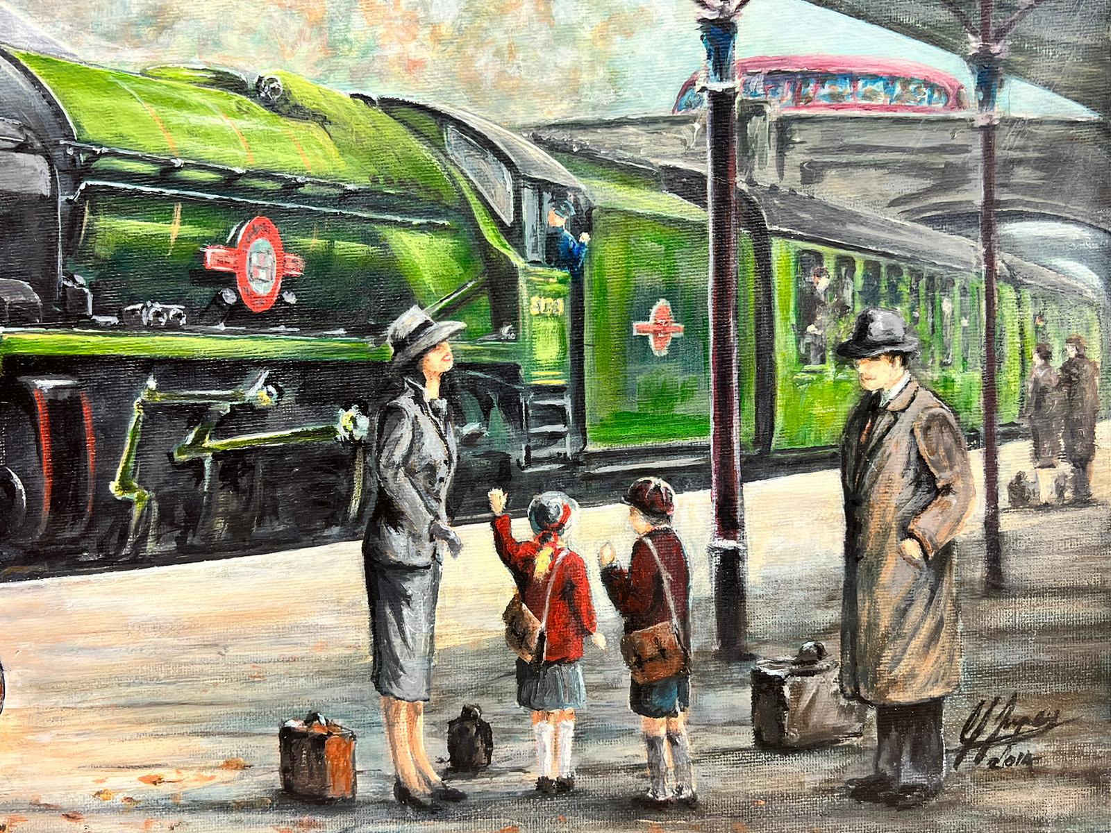 Vintage Nostalgic English Oil Painting Family at Steam Engine Train Station For Sale 2