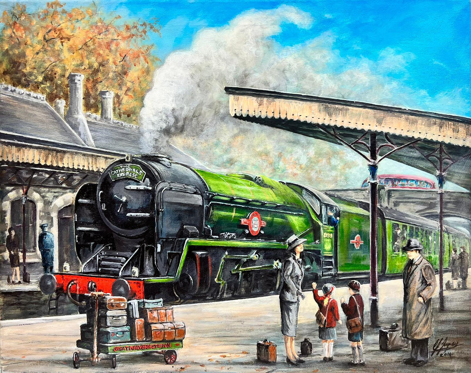 Colin Impey Landscape Painting - Vintage Nostalgic English Oil Painting Family at Steam Engine Train Station