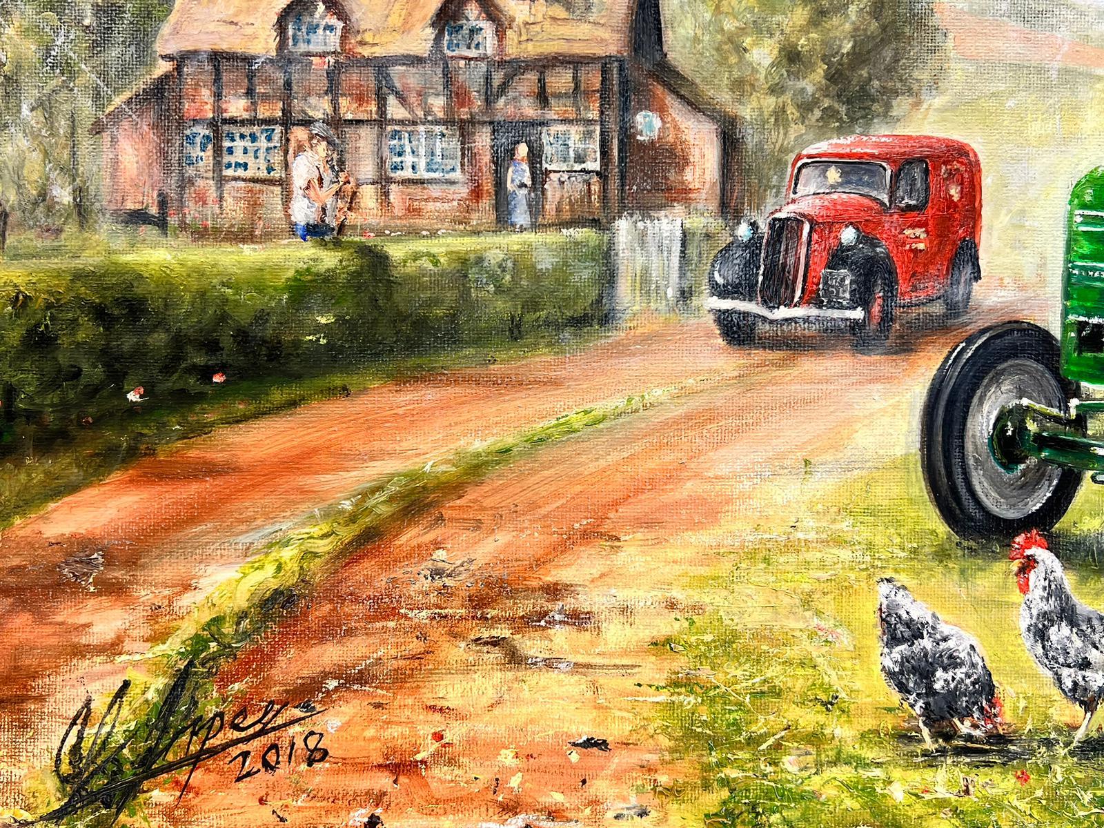 Vintage Tractor with Lady Driver Post Office Van & Farmhouse Rural English Oil  - Painting by Colin Impey