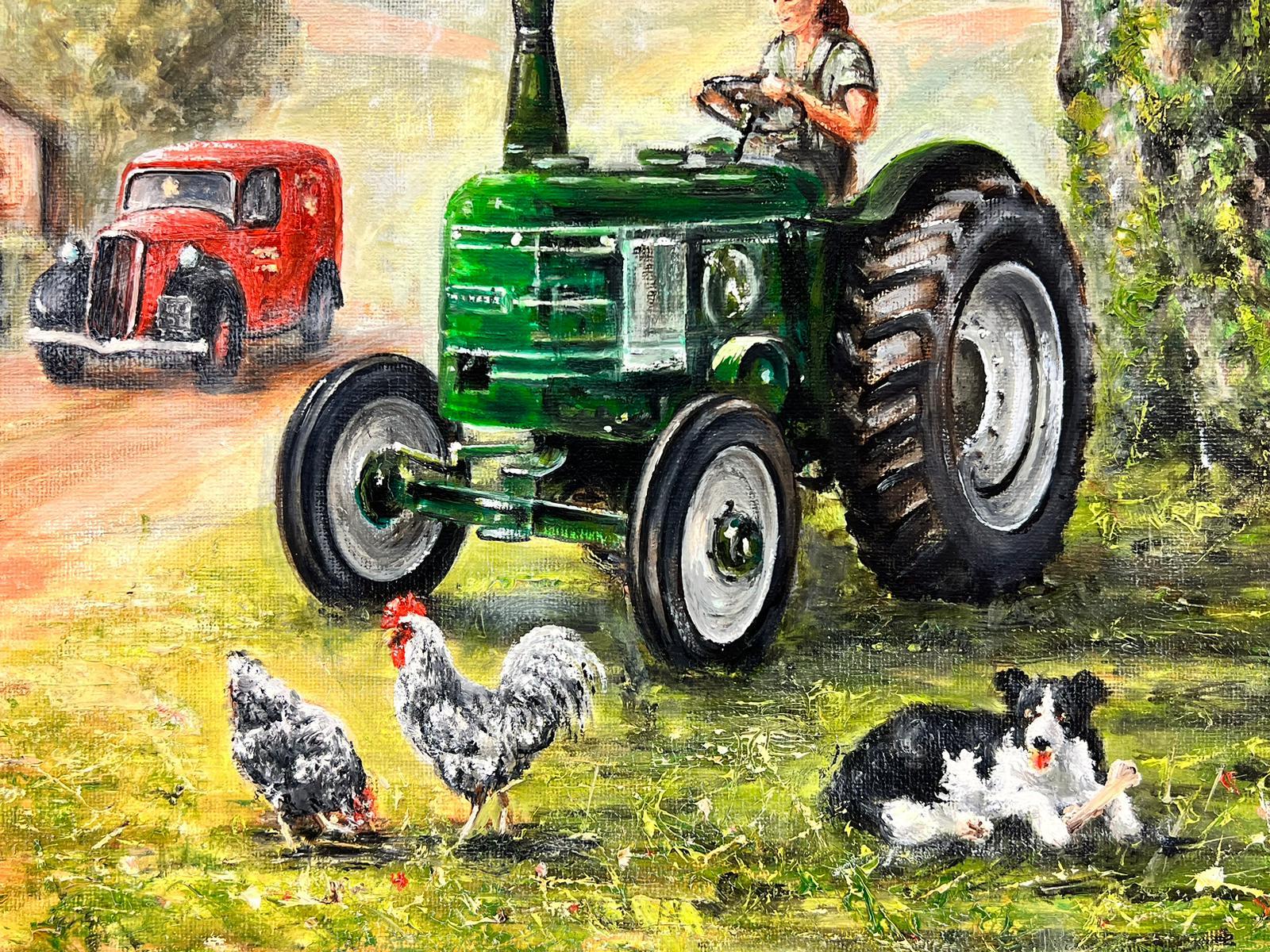Vintage Tractor with Lady Driver Post Office Van & Farmhouse Rural English Oil  - Victorian Painting by Colin Impey