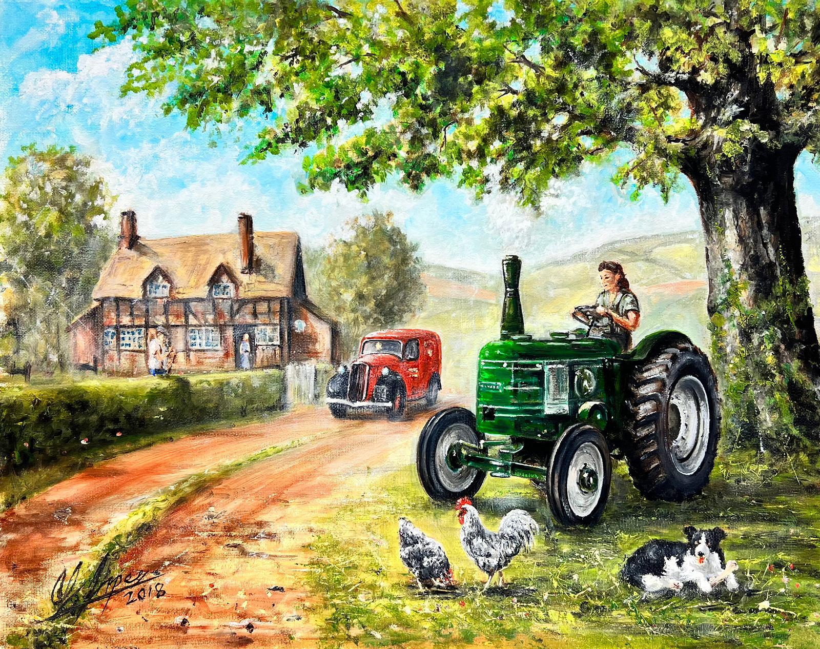 Tractor with Lady Driver Post Office Van & Farmhouse, rural, englisches Öl 