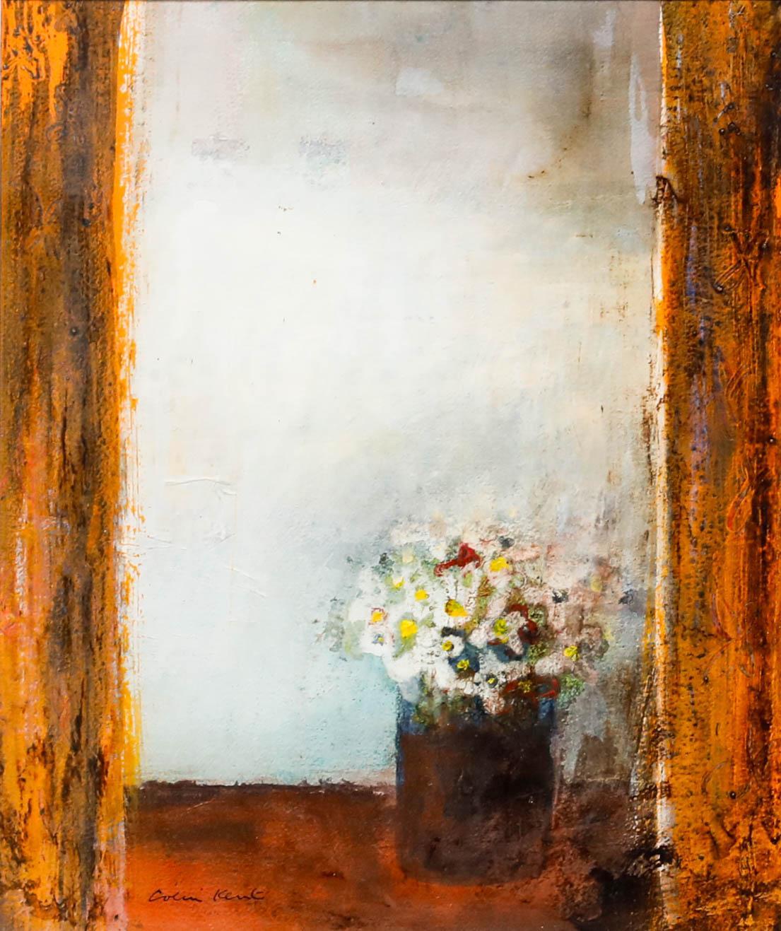 Colin Kent RI (n.1934) - Técnica mixta enmarcada, Flores en el alféizar de una ventana en venta 1