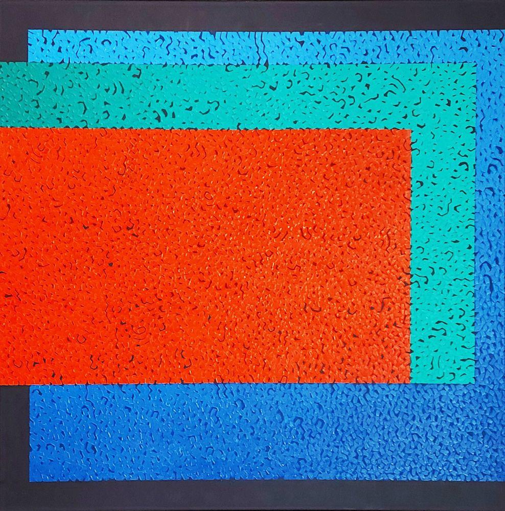 Modus 3 - pittura ad olio contemporanea, colorata, di astrazione geometrica e strutturata