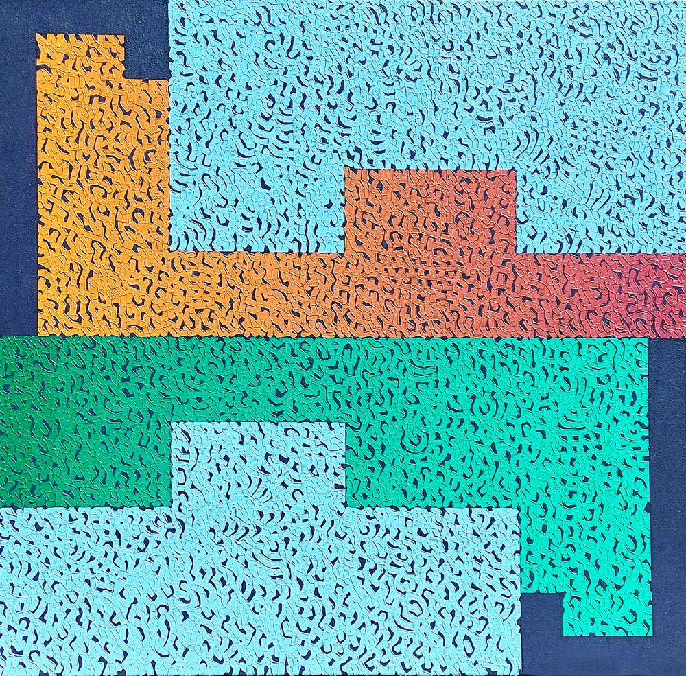 Modus 7 - pittura ad olio contemporanea, colorata, di astrazione geometrica e strutturata