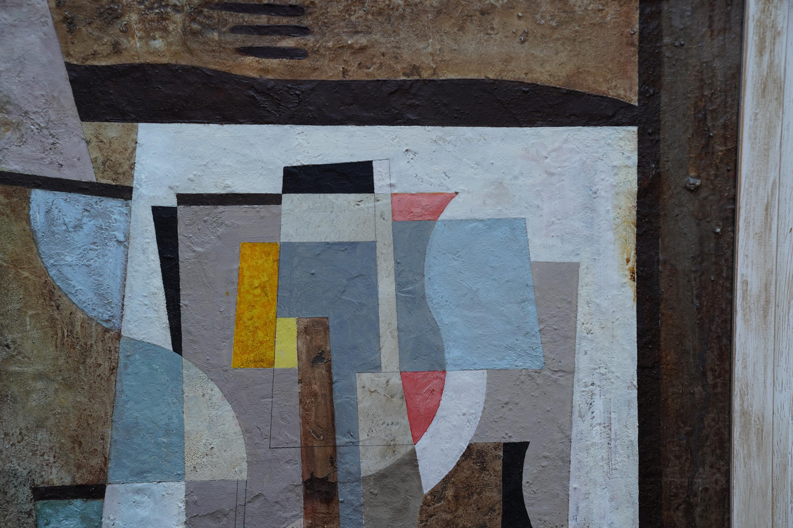 This superb Scottish abstract oil on board painting is by noted artist Colin McGurk. Painted in 1957 it is  a work of geometric shapes with a palette of pink, orange and egg shell blue centrally, with very textured browns bordering the work. The