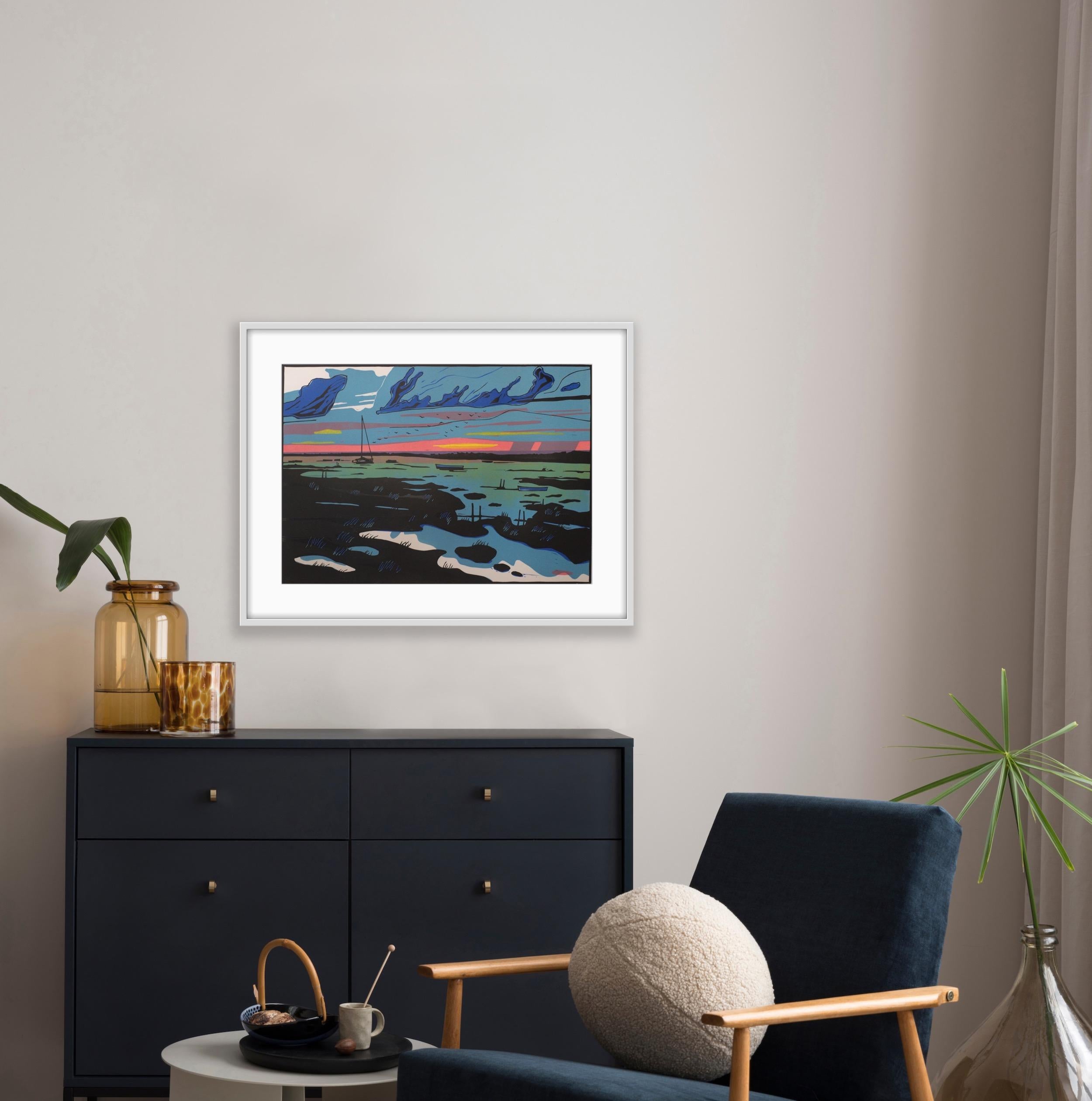 Marismas de Blakeney, por Colin Moore. Edición limitada en linóleo de 3 bloques sobre papel artístico con los bordes rasgados a mano. Edición de 100 ejemplares. Grabado que representa la puesta de sol sobre las marismas de Blakeney, en la costa