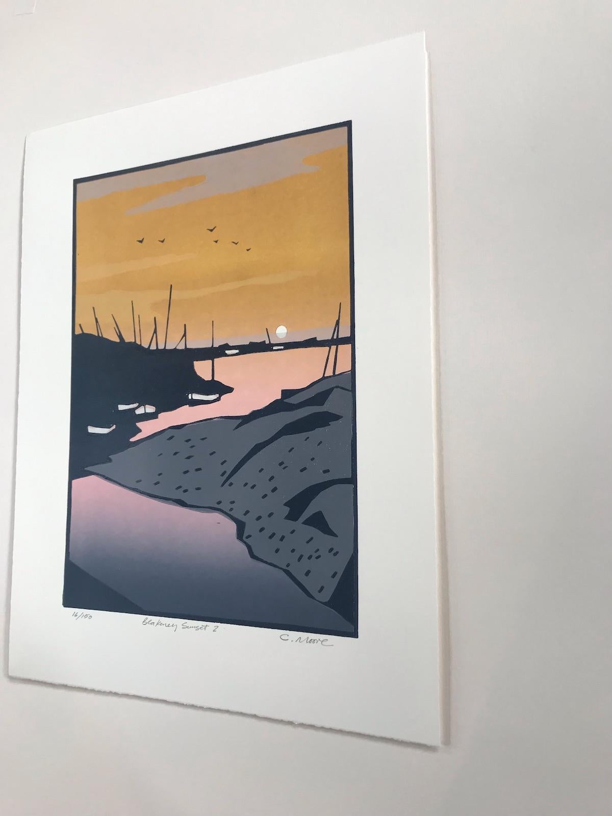 Blakeney Sonnenuntergang 2 mit Linolschnittdruck auf Papier von Colin Moore im Angebot 3
