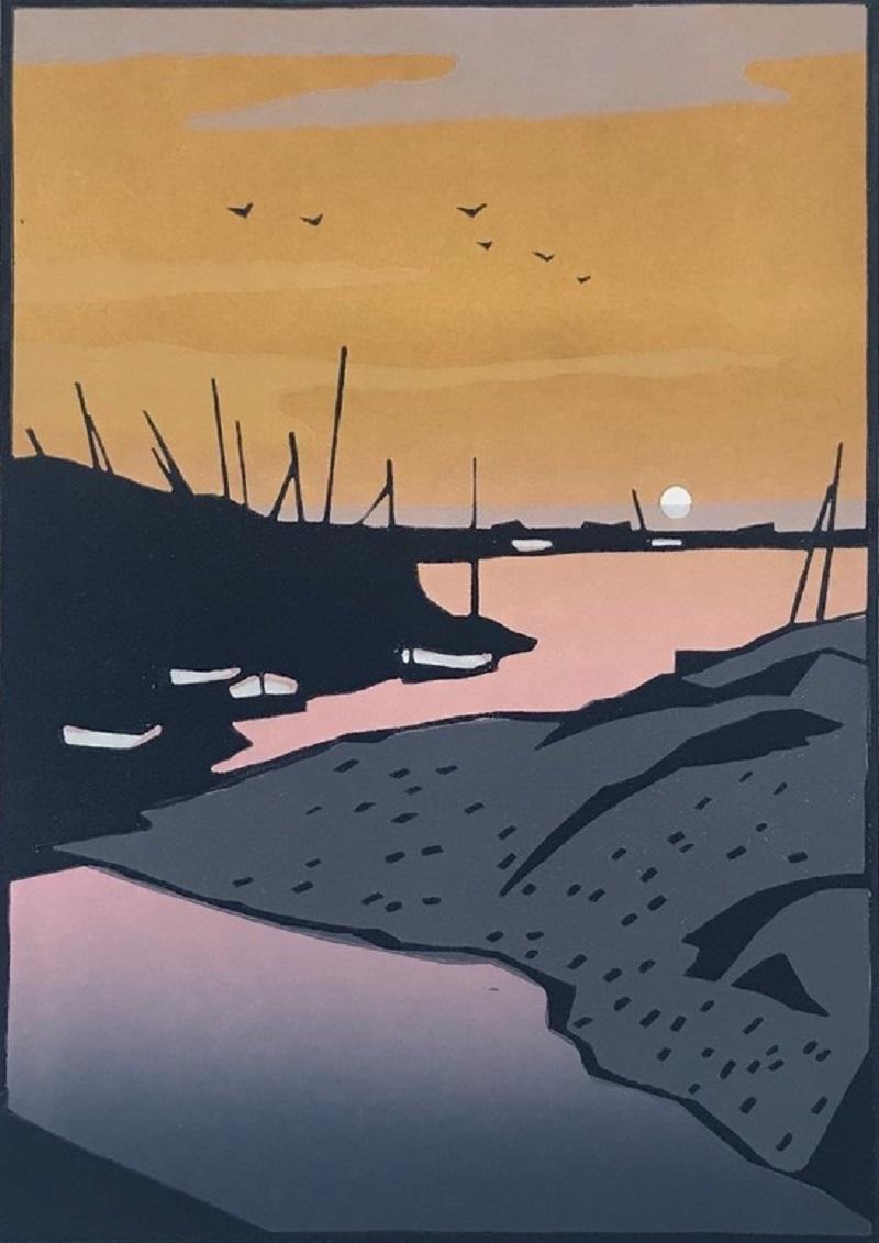 Blakeney Sunset 2 by Colin Moore [2022]
 
'Blakeney Sunset 2' is a limited edition print by artist Colin Moore, featuring a sunset in Blakeney a coastal village in Norfolk. This print contains warm toned colours and a graphic use of line to create a