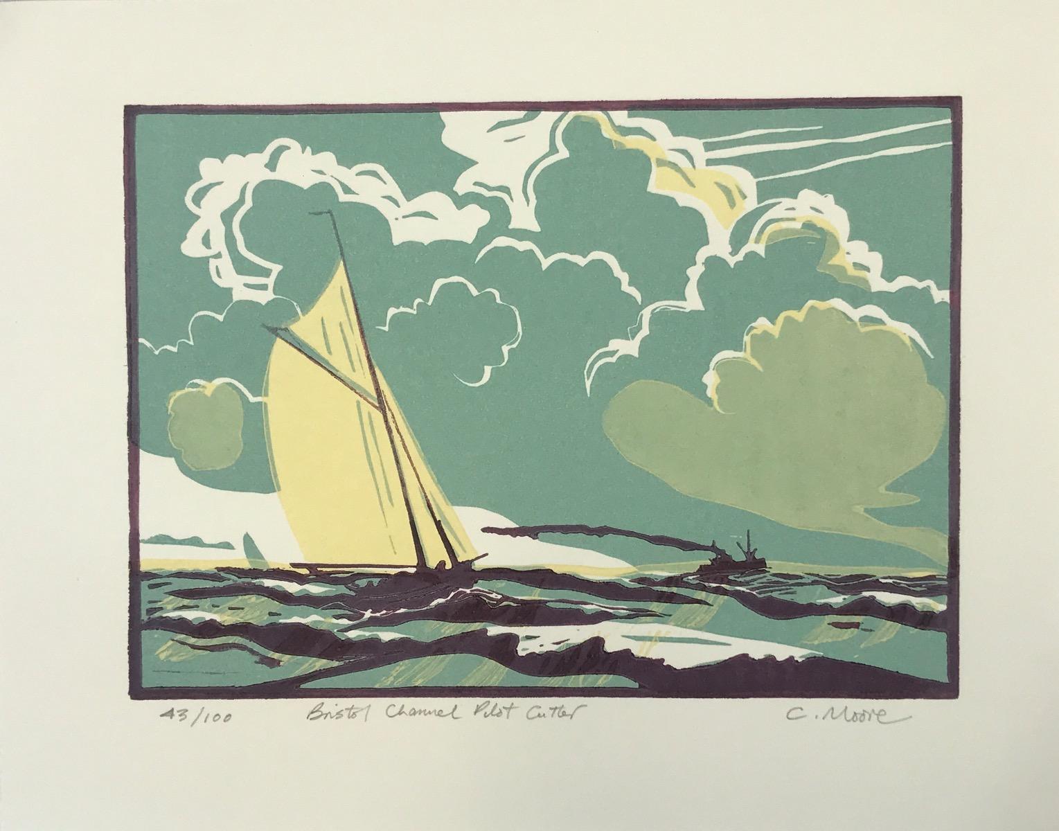 Cutter pilota del Canale di Bristol, Stampa d'arte, Paesaggio marino, Barca, Spiaggia di Bristol - Print Contemporaneo di Colin Moore