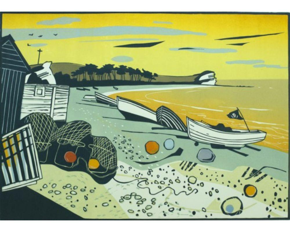 A three block colour lino print by Colin Moore in an edition of 100. Looking east on the beach at Budleigh Salterton, a fishing village on the South Devon coast

Size: H:51 cm x W:67 cm

Additional Information:
Colin Moore
Budleigh Salterton
Limited