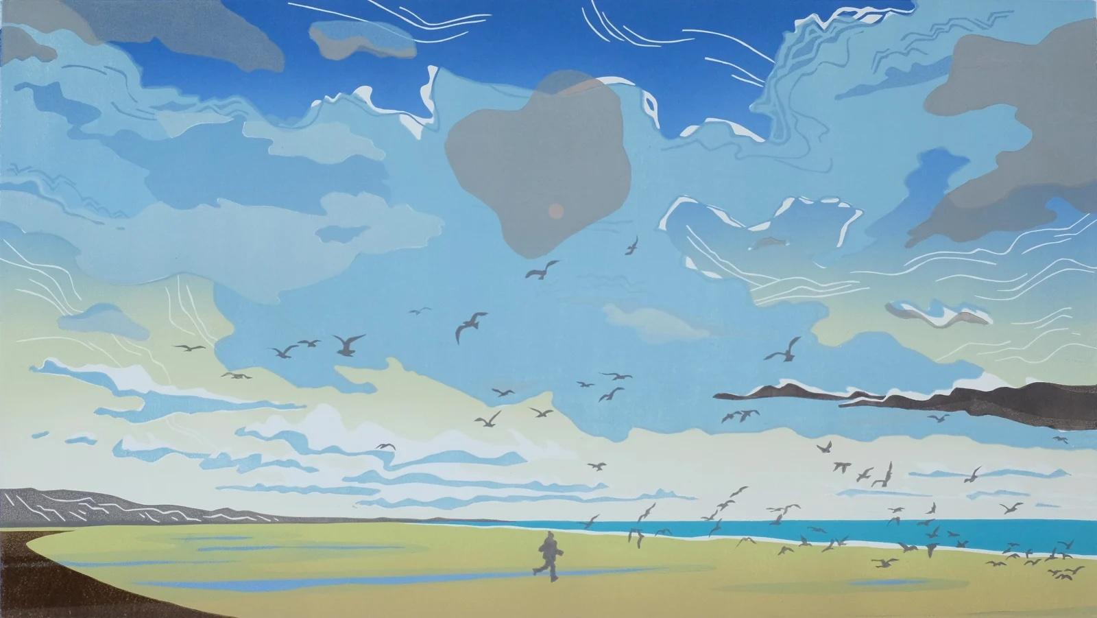 Chasing the seagulls, original painting, landscape, seascape – Print von Colin Moore