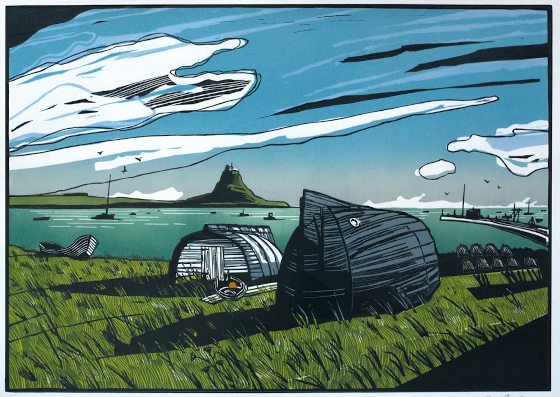 'Lindisfarne' is a limited edition three block colour lino print by Colin Moore.A three block colour lino print by Colin Moore in a limited edition of 100, featuring the Holy Island of Lindisfarne on the Northumbrian coast
Colin Moore printmaker and