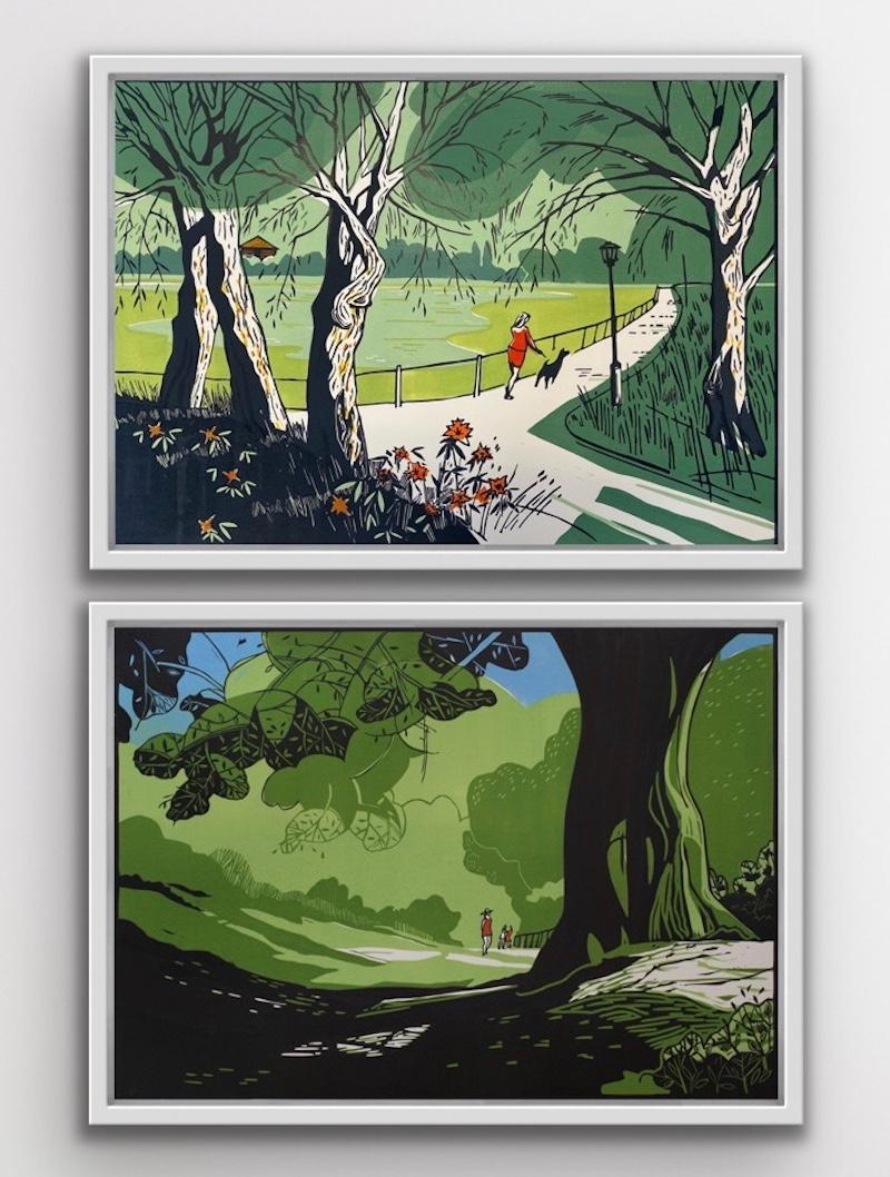 Colin Moore Figurative Print - Hampstead Heath Summer and Hampstead Pond Diptych, Cityscape prints of London