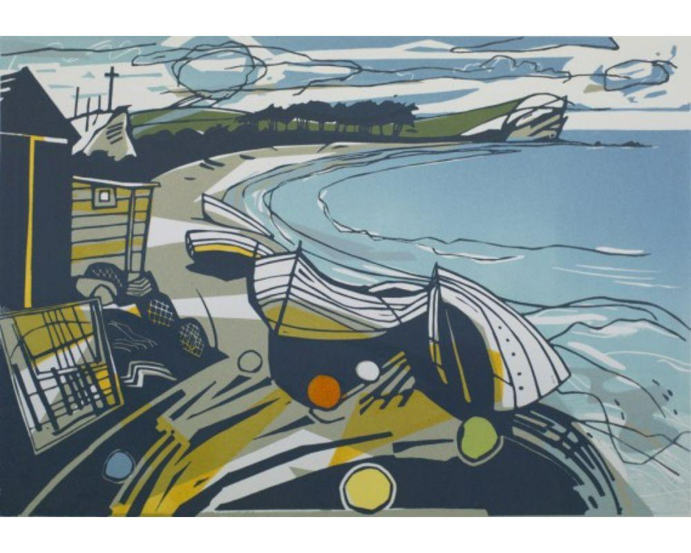 Ein dreifarbiger Linoldruck von Colin Moore in einer limitierten Auflage von 100 Stück, der den Strand von Budleigh Salterton, South Devon, zeigt.

Größe: H:38 cm x B:50 cm

Zusätzliche Informationen:
Colin Moore
Der Strand von Budleigh
Limitierte