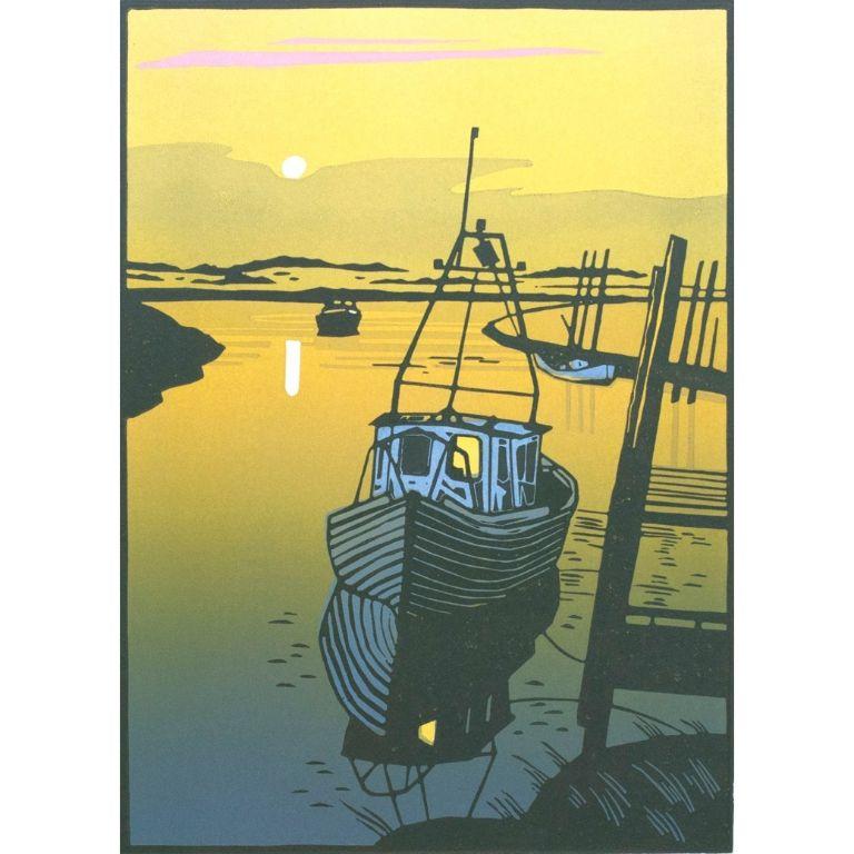 The Creek is a limited edition 3 block linocut print. The piece depicts a seascape featuring a fishing boat at dusk.

Linocut Print – A relief printing technique where lino is cut, inked and rolled to create an inverse relief print, generating the