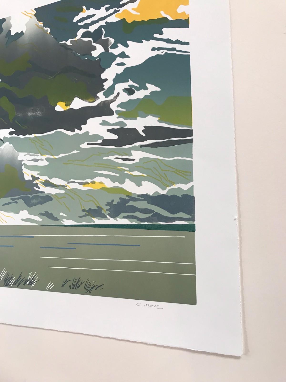 The Lost Ball' is a handmade linocut print by artist Colin Moore, featuring his signature graphic use of line and sophisticated colour palette. This handmade print uses layered tones of green, grey and yellow to capture the moody atmosphere of a