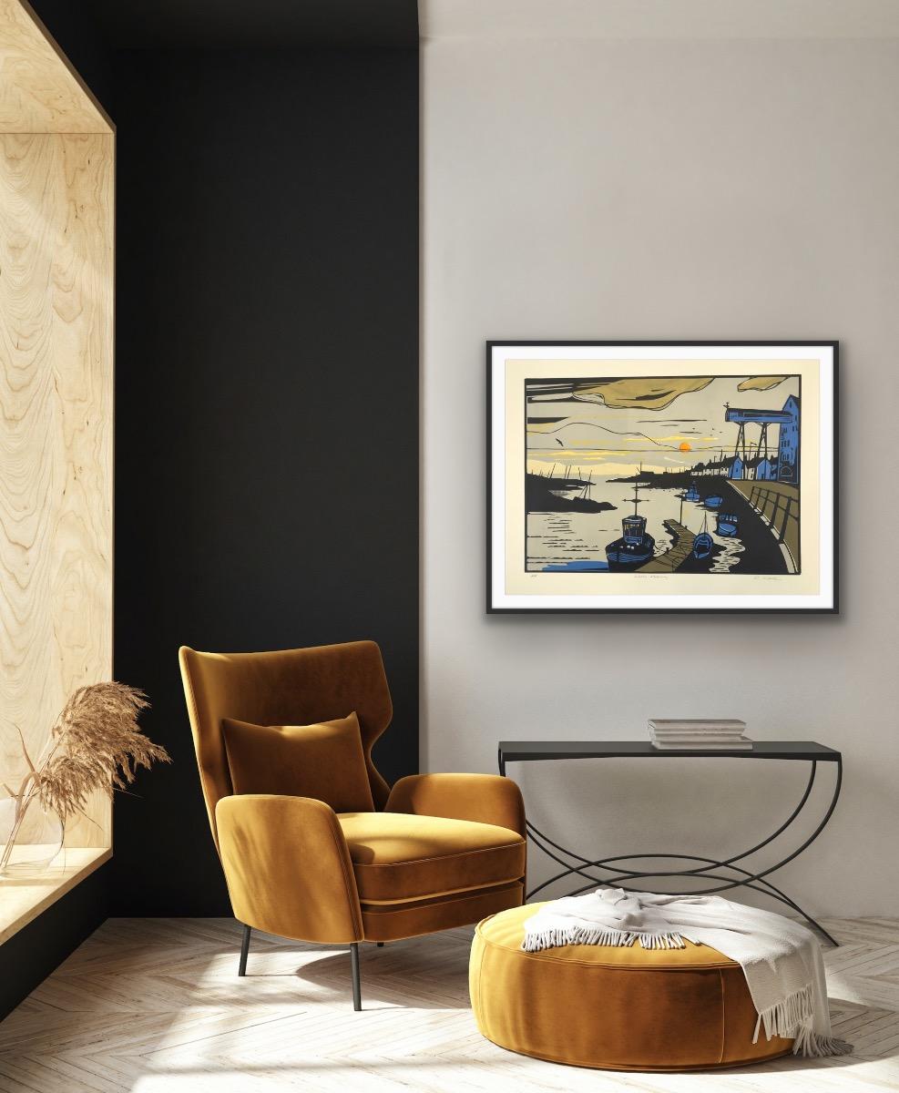 Mattina di Pozzi, Stampa d'arte, Paesaggio marino, Barca, Tramonto, Arte contemporanea 5