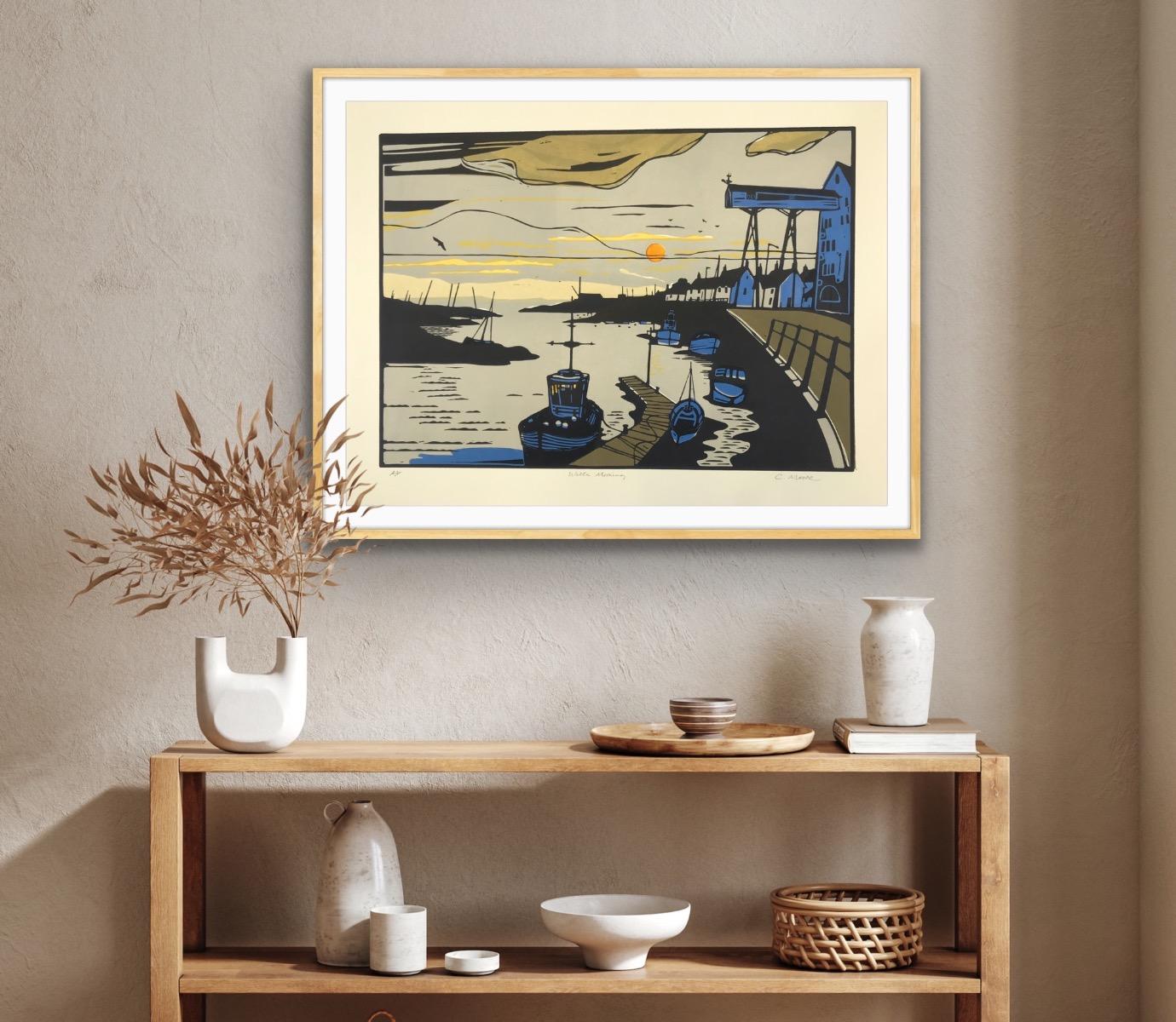 Mattina di Pozzi, Stampa d'arte, Paesaggio marino, Barca, Tramonto, Arte contemporanea 7