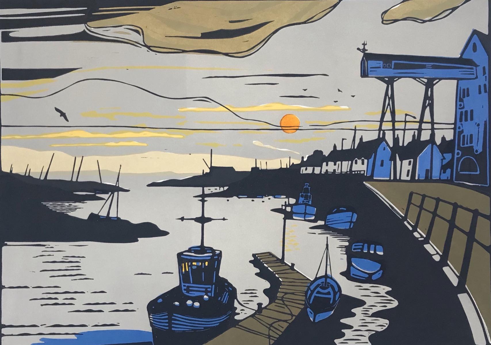 Mattina di Pozzi, Stampa d'arte, Paesaggio marino, Barca, Tramonto, Arte contemporanea - Print di Colin Moore