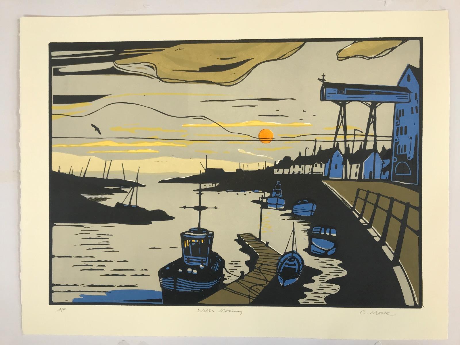 Mattina di Pozzi, Stampa d'arte, Paesaggio marino, Barca, Tramonto, Arte contemporanea - Print Contemporaneo di Colin Moore