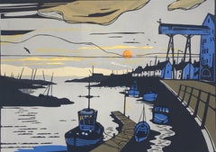 Mattina di Pozzi, Stampa d'arte, Paesaggio marino, Barca, Tramonto, Arte contemporanea