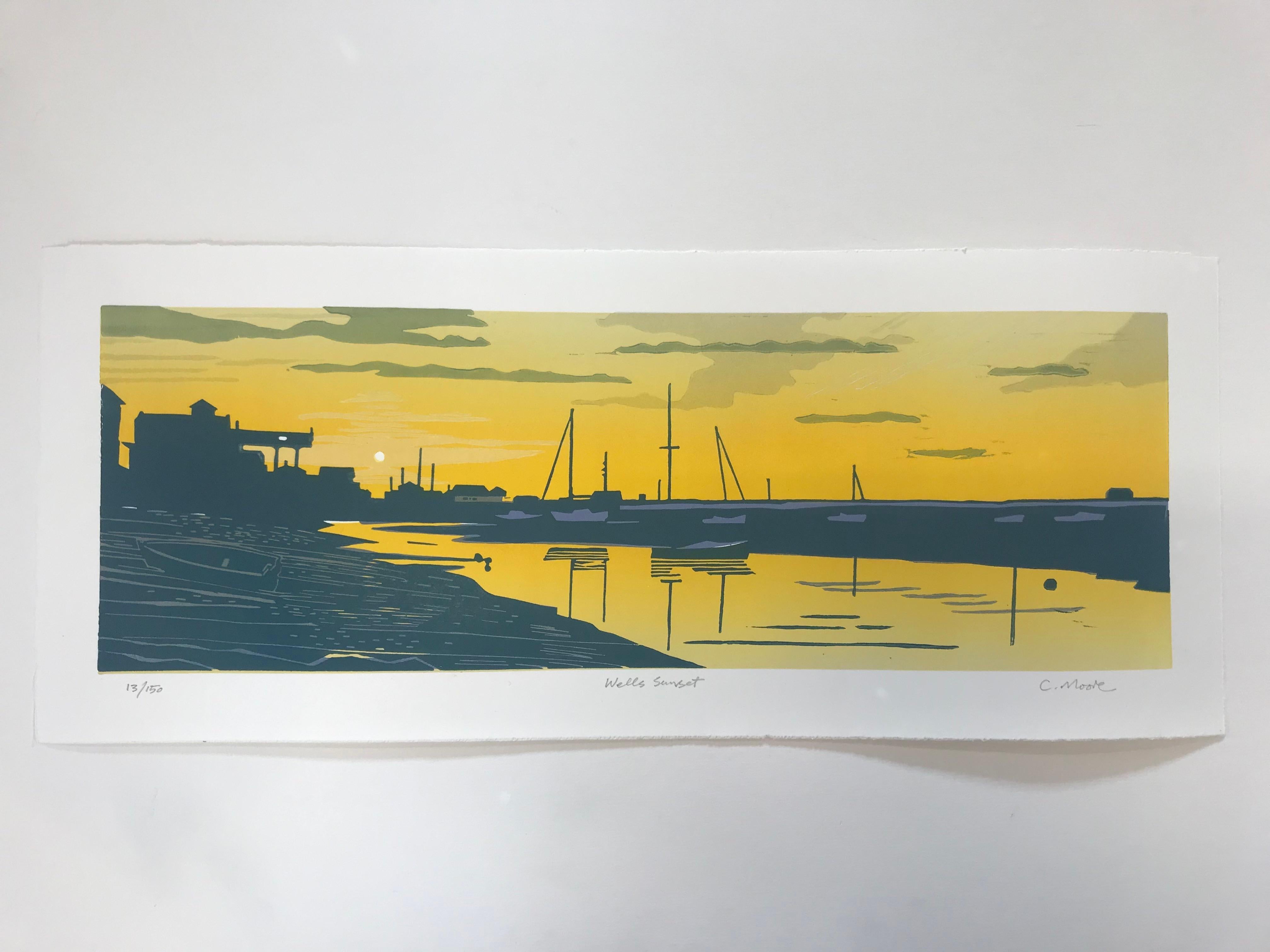 Wells Sunset, Somerset, Lino print, Limited edition, Affordable art, Coastal sea For Sale 8