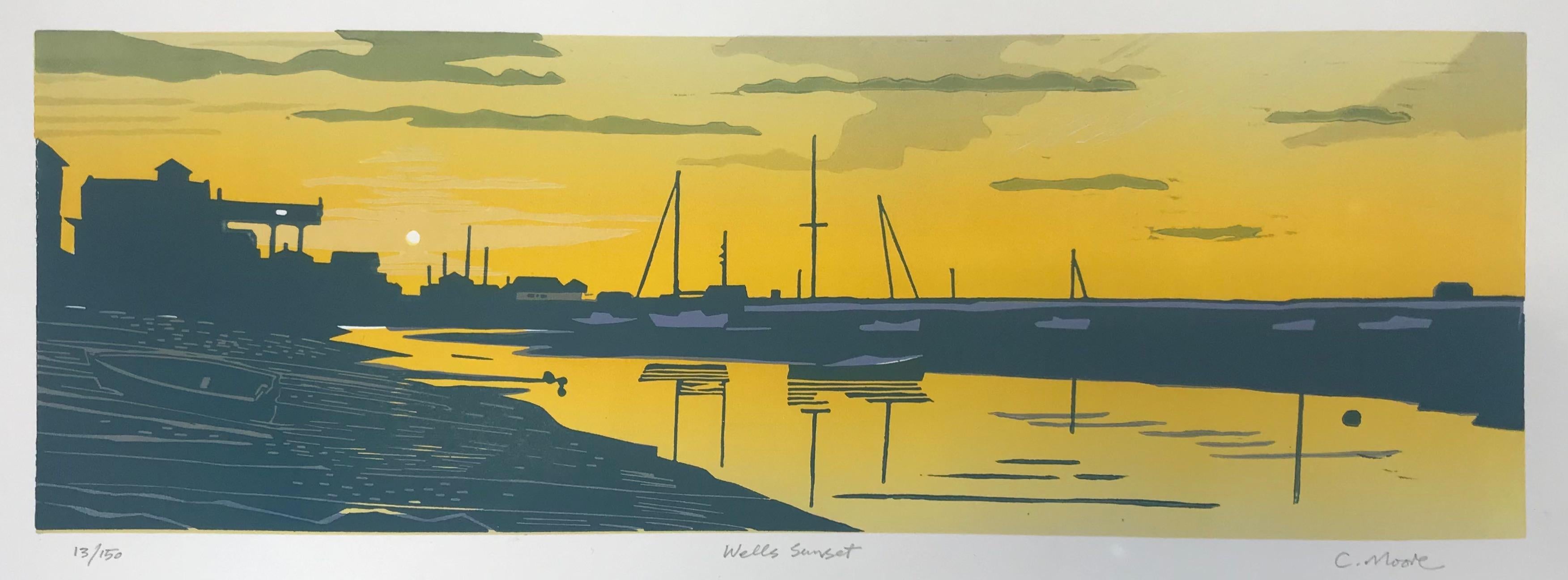 Wells Sunset, Somerset, Lino-Druck, Limitierte Auflage, Erschwingliche Kunst, Küsten Meeresküste im Angebot 9