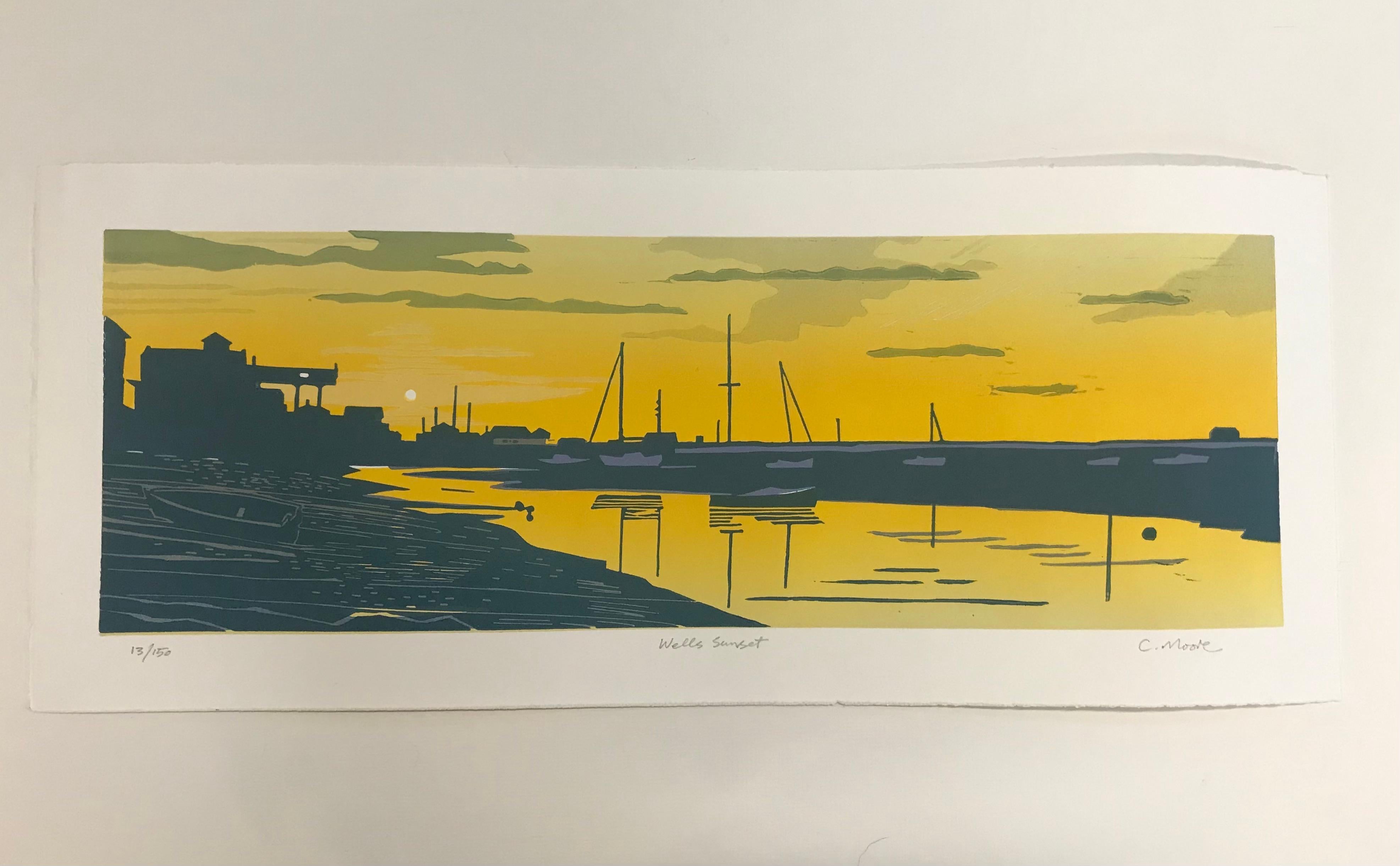 Wells Sunset, Somerset, Lino-Druck, Limitierte Auflage, Erschwingliche Kunst, Küsten Meeresküste (Zeitgenössisch), Print, von Colin Moore