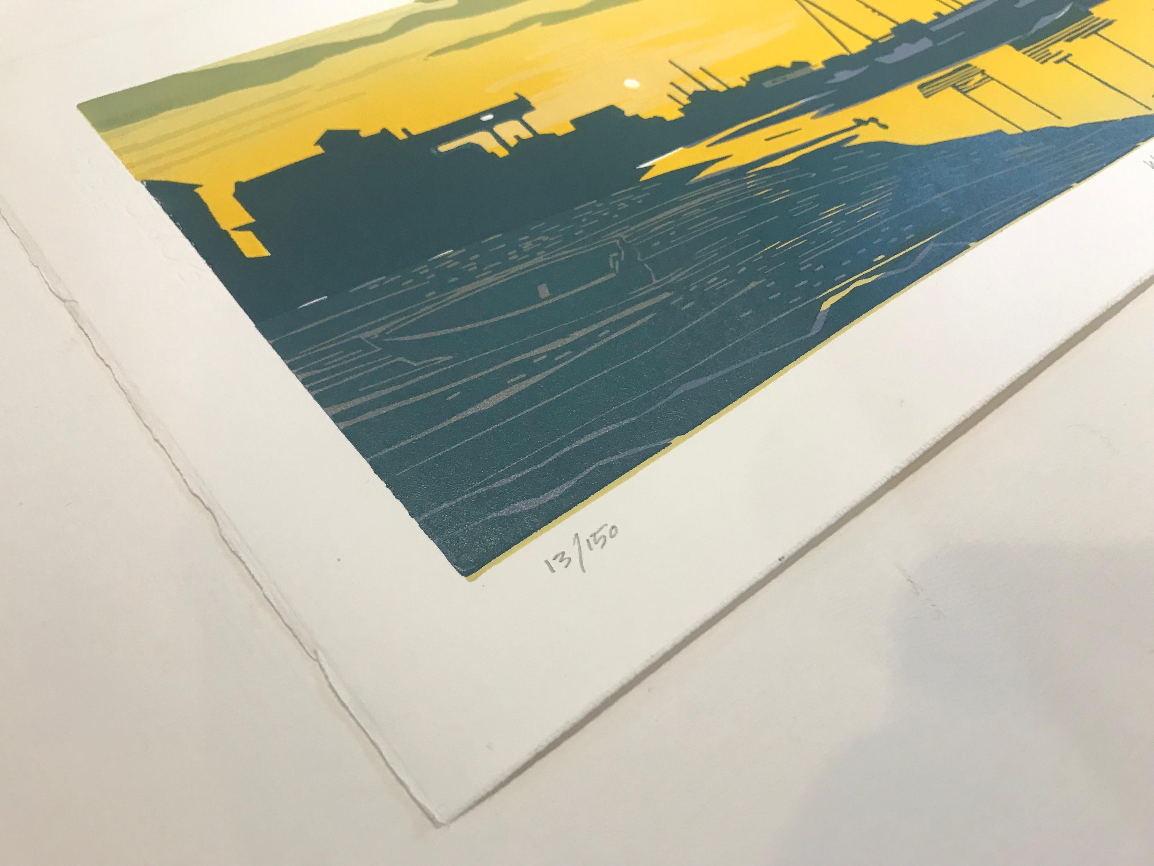 Wells Sunset, Somerset, Lino-Druck, Limitierte Auflage, Erschwingliche Kunst, Küsten Meeresküste (Braun), Landscape Print, von Colin Moore