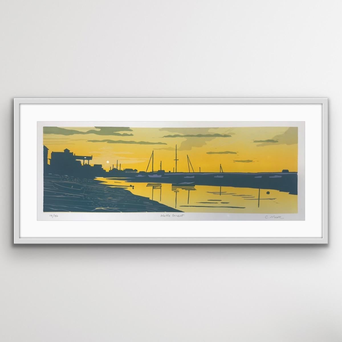Atardecer en Wells, Somerset, Impresión en linóleo, Edición limitada, Arte asequible, Mar costero 4