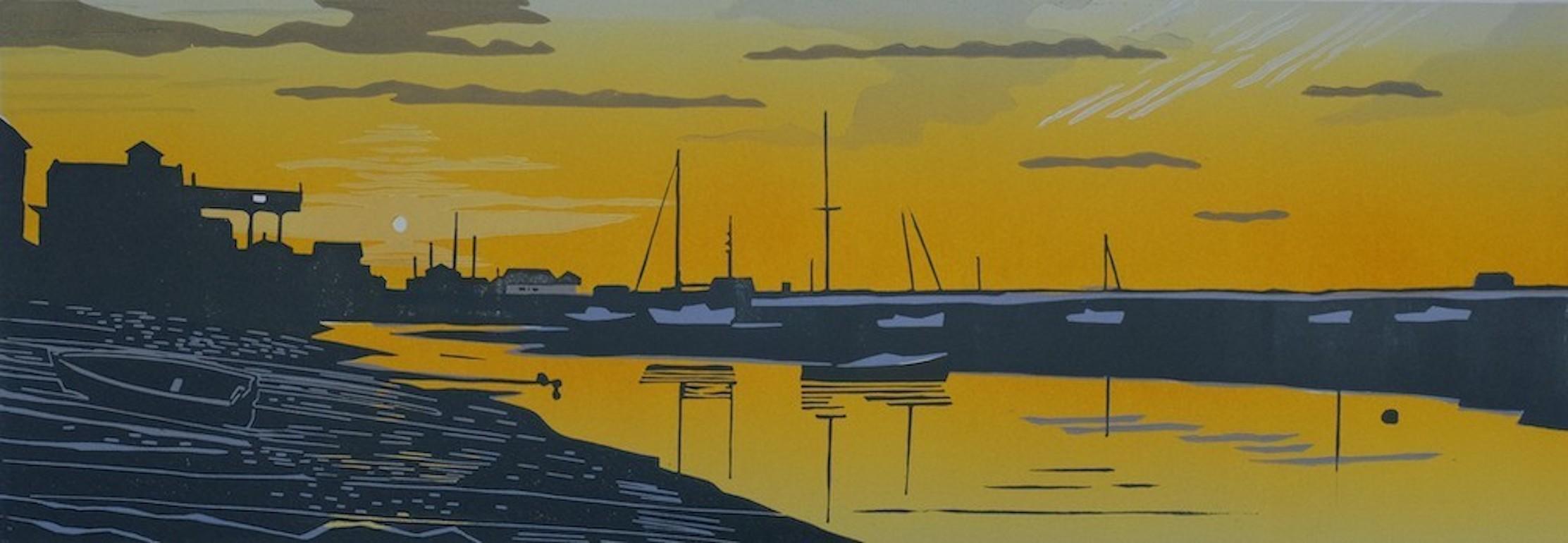Colin Moore Landscape Print – Wells Sunset, Somerset, Lino-Druck, Limitierte Auflage, Erschwingliche Kunst, Küsten Meeresküste